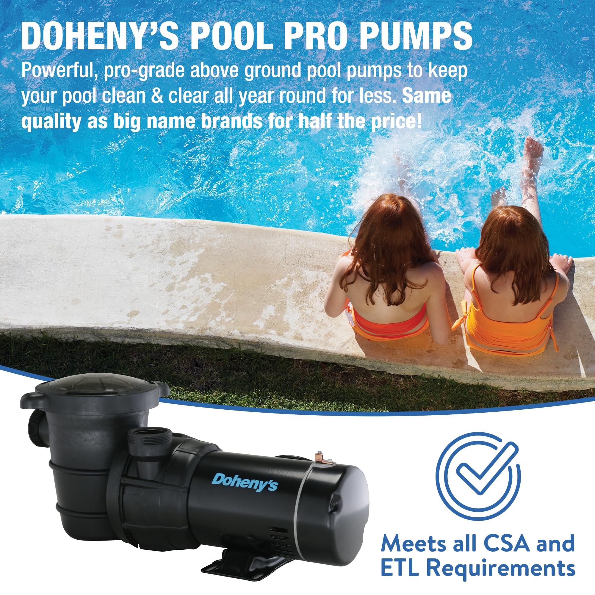 Doheny's 1 HP Above Ground Pool Pump - 115V, 75 GPM (0.9 THP) - Stainless Steel Shaft & Reinforced Thermoplastic - Low Noise & High Efficiency - 1.5