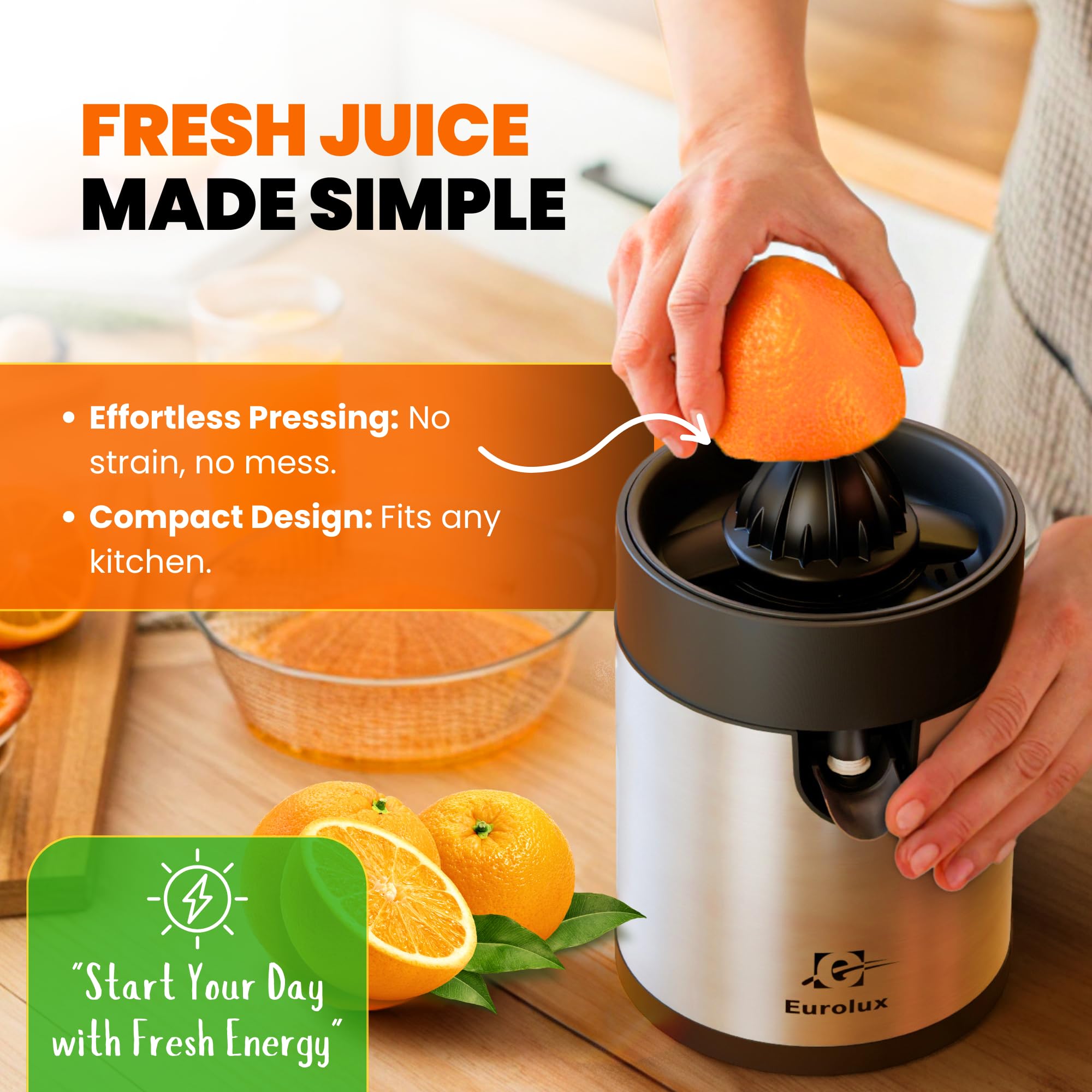 Eurolux Electric Orange Juicer - Powerful Citrus Press for Lemon, Lime & Grapefruit | High-Speed Motor, Dishwasher Safe, Easy to Clean | Perfect for Breakfast, Cocktails & Healthy Juicing at Home