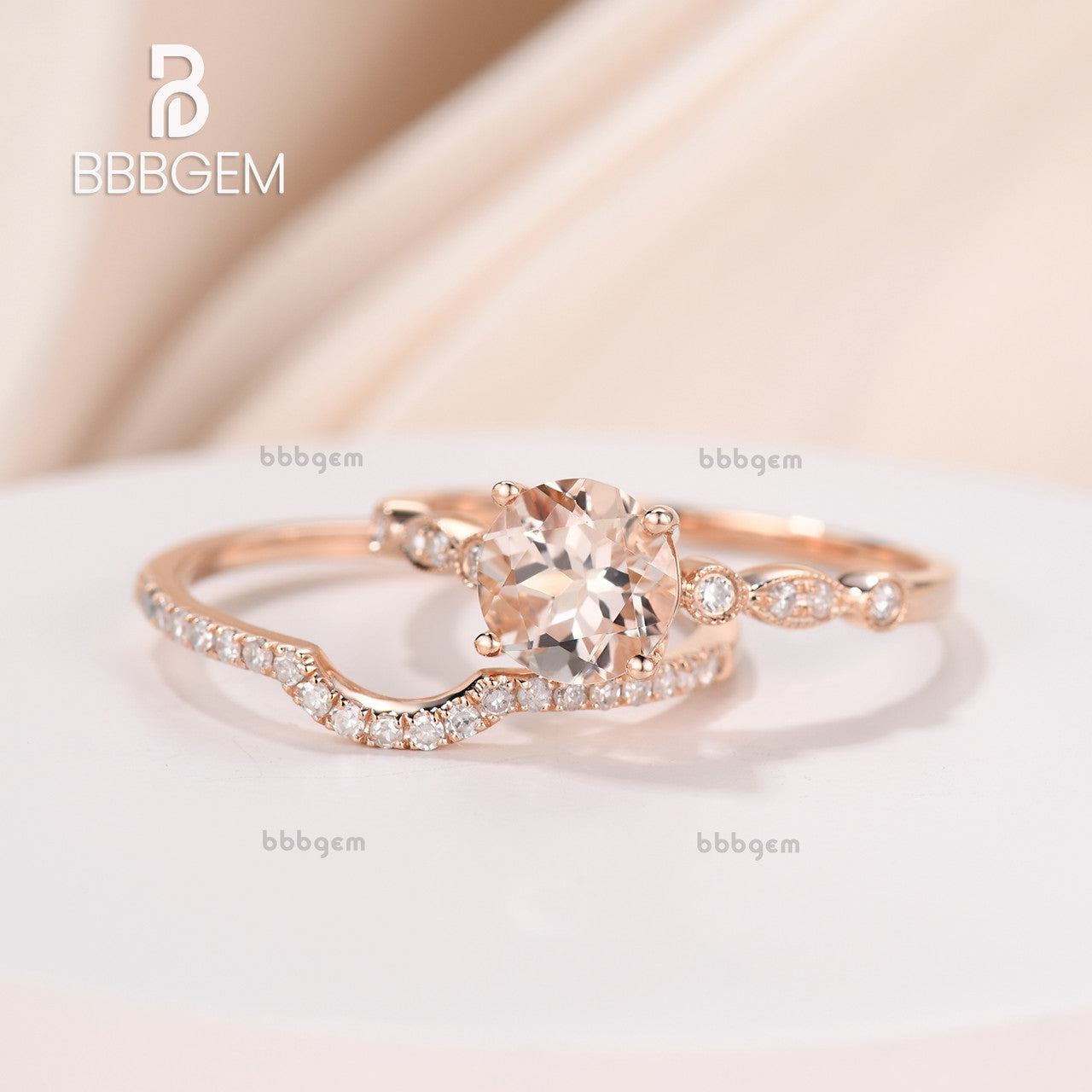1 Carat Round Natural Morganite Ring - 18K Rose Gold Plated Sterling Silver Bridal Ring with Milgrain Detailing & Moissanite Accents | Engagement, Wedding, Anniversary Gift for Her