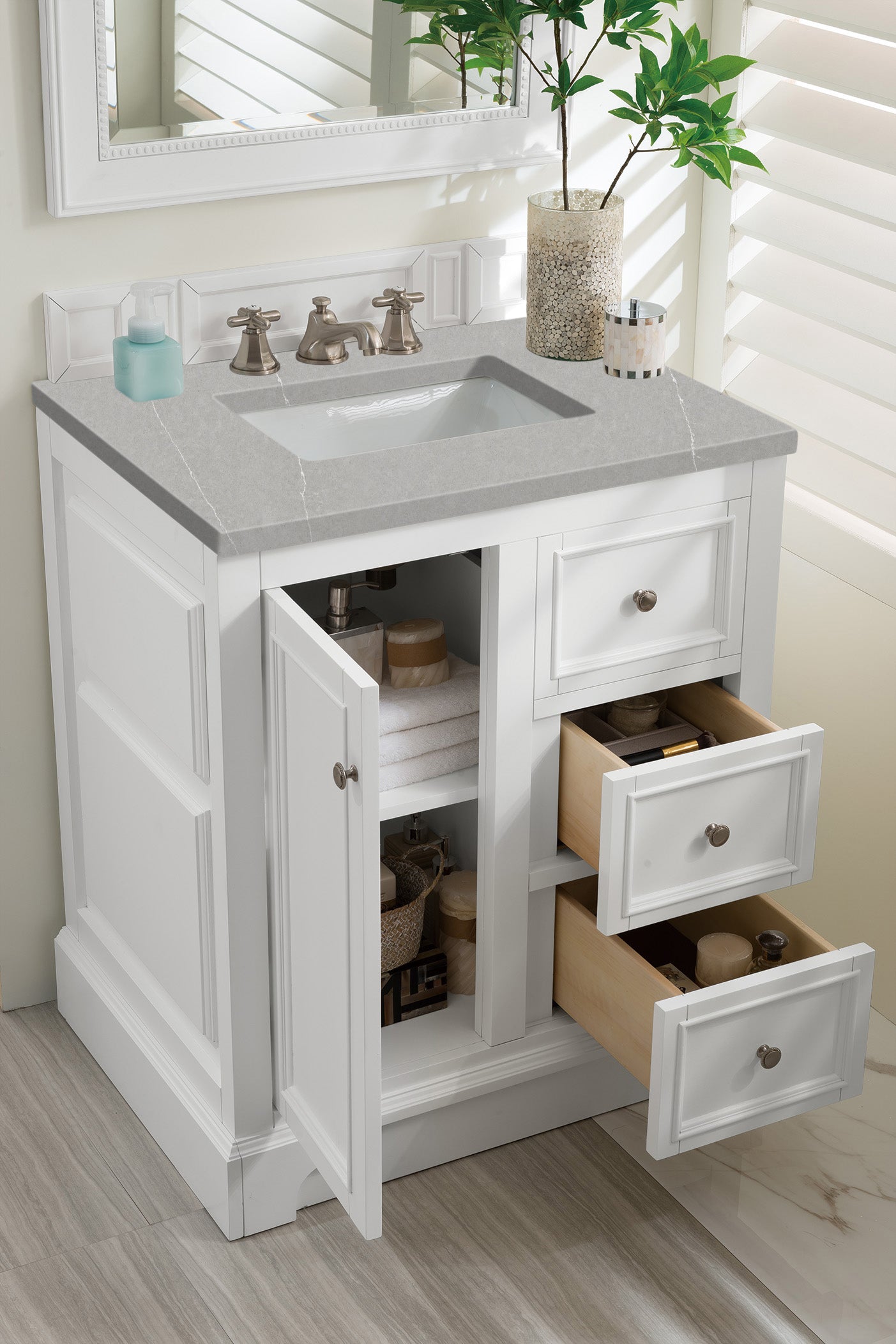 De Soto 30-Inch Single Bathroom Vanity Set with 3CM Eternal Serena Quartz Top in Bright White - Perfect for Modern Bathroom Remodeling & Small Space Solutions