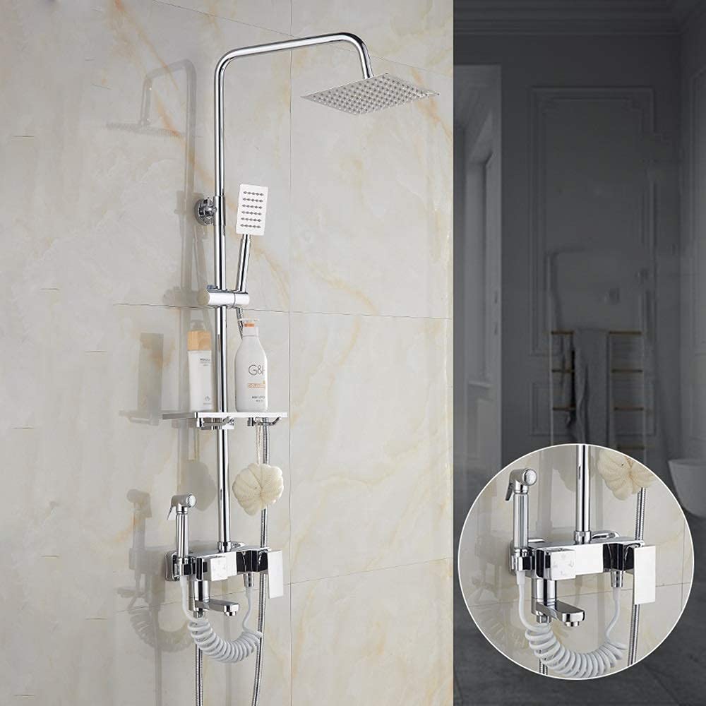 10 Inch Square Top Brass Shower Faucet with Spray Gun - Hot & Cold Shower System with 4 Modes, Silver Double Lift Design for Bathroom & Spa | Perfect for Modern Home, Hotel, and Luxury Shower Experience