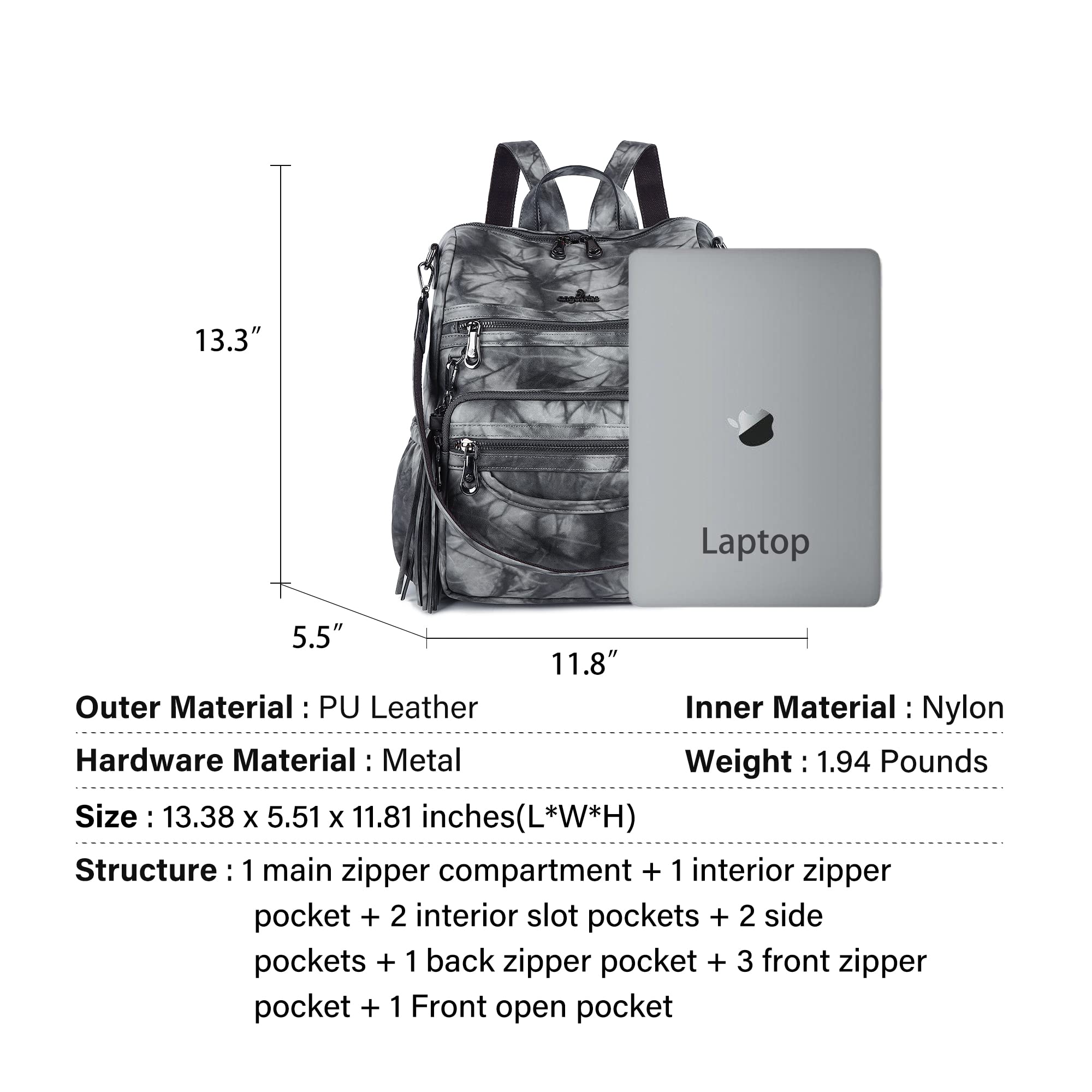 Angel Kiss Women's PU Leather Backpack Purse - Stylish Zipper Casual Backpack & Shoulder Bag for Work, Travel & College | Water-Resistant & Lightweight