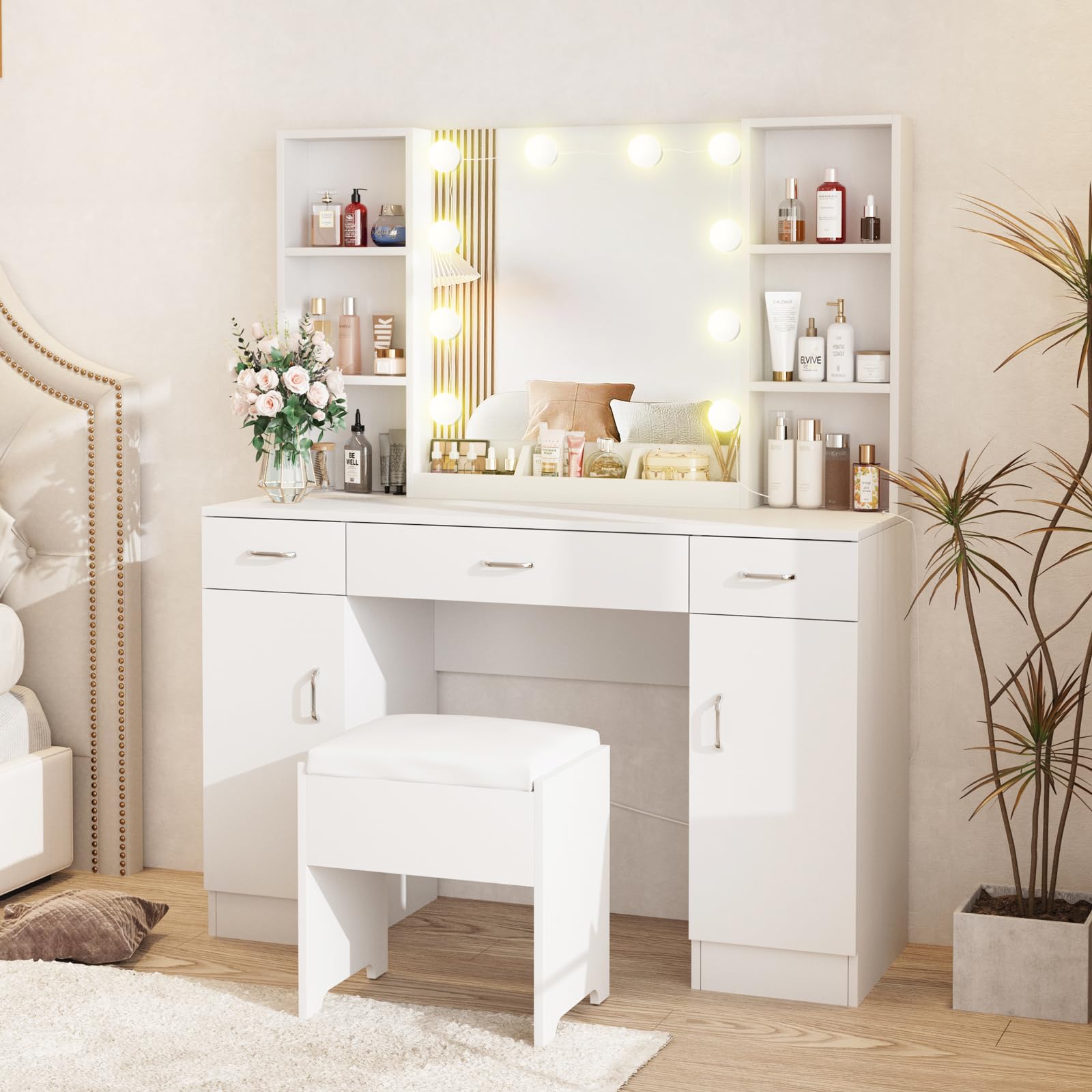 Vabches Lighted Vanity Mirror Makeup Desk Set with Comfortable Bench & Side Cabinets - 45.2 Inch White Vanity Table with Ample Storage Space | Perfect for Bedroom, Dressing Room & Beauty Salon Organization