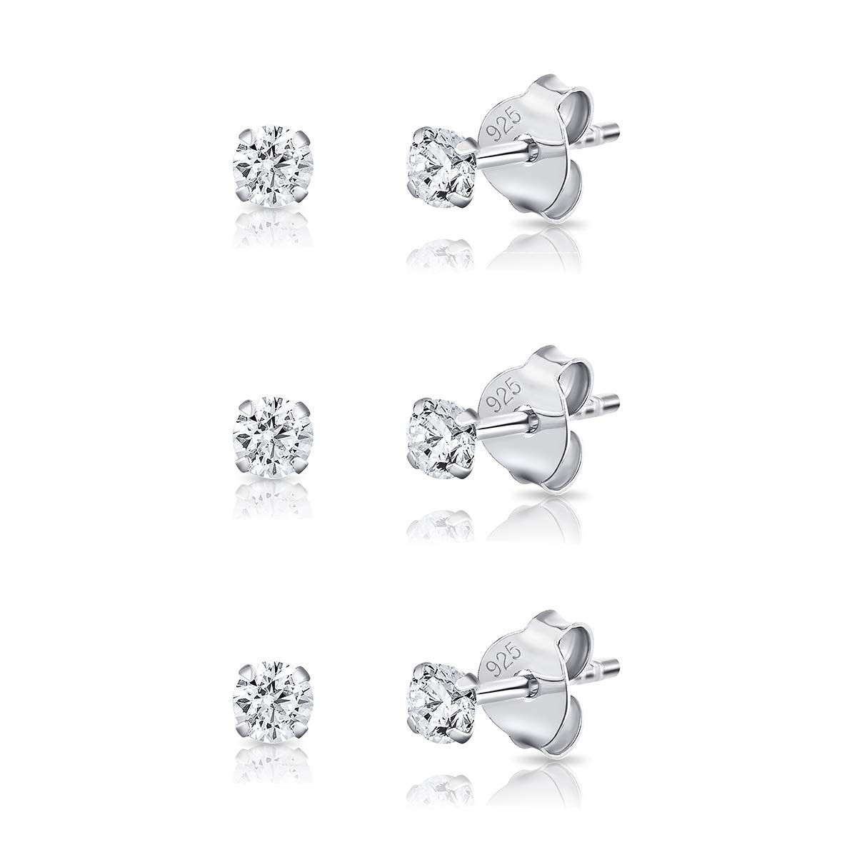 925 Sterling Silver Cubic Zirconia Stud Earrings Set of 3 (2mm, 3mm, 4mm, 5mm) - Hypoallergenic CZ Diamond Studs for Women & Men - Perfect for Everyday Wear, Gifts & Special Occasions
