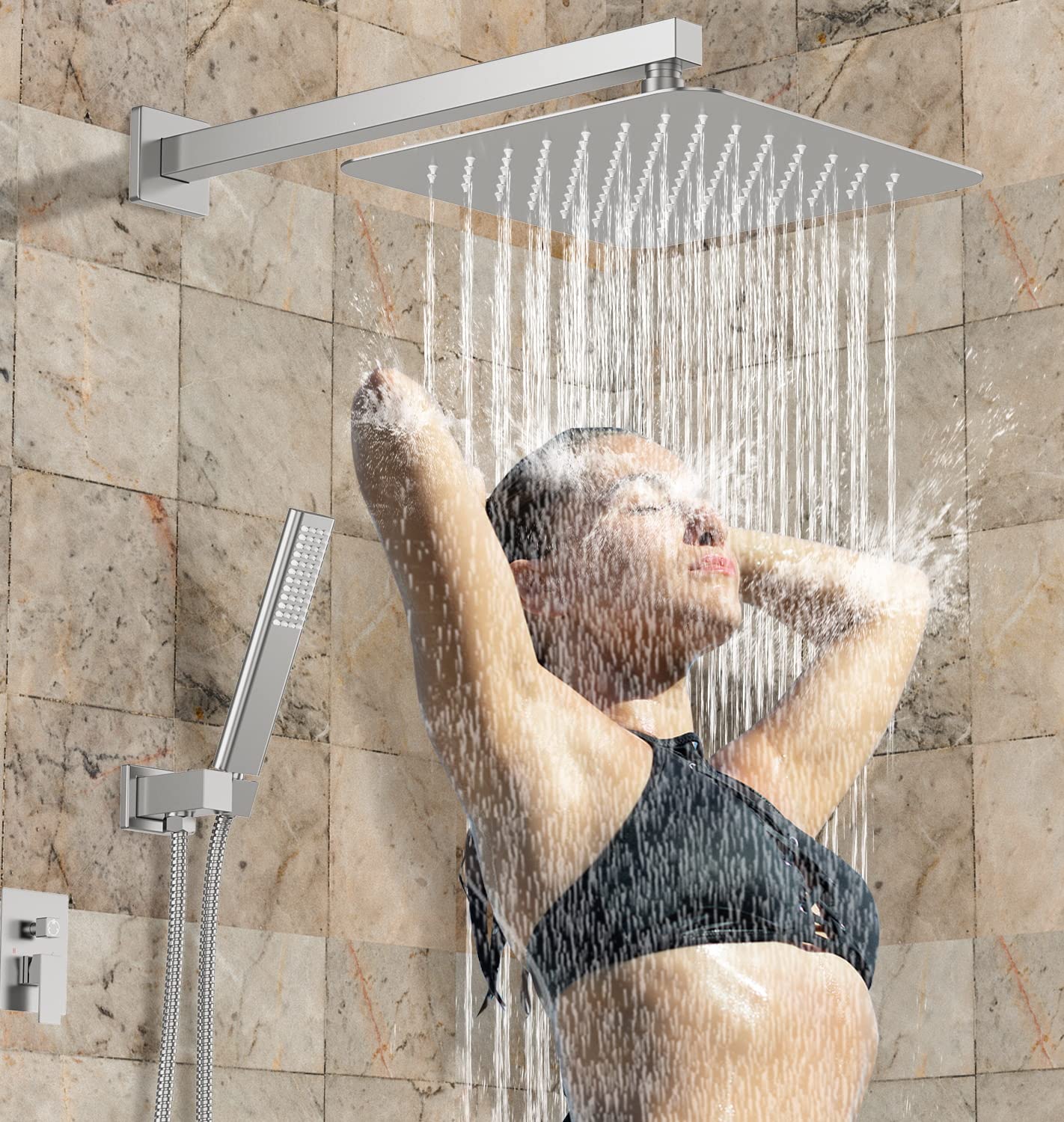 EMBATHER 12-Inch Shower System with Tub Spout - High Pressure Rainfall Showerhead & Handheld Spray - Chrome Bathroom Faucet Set (Includes Shower Valve & Trim Kit) - Perfect for Modern Bathroom Renovations & Spa-Like Shower Experience