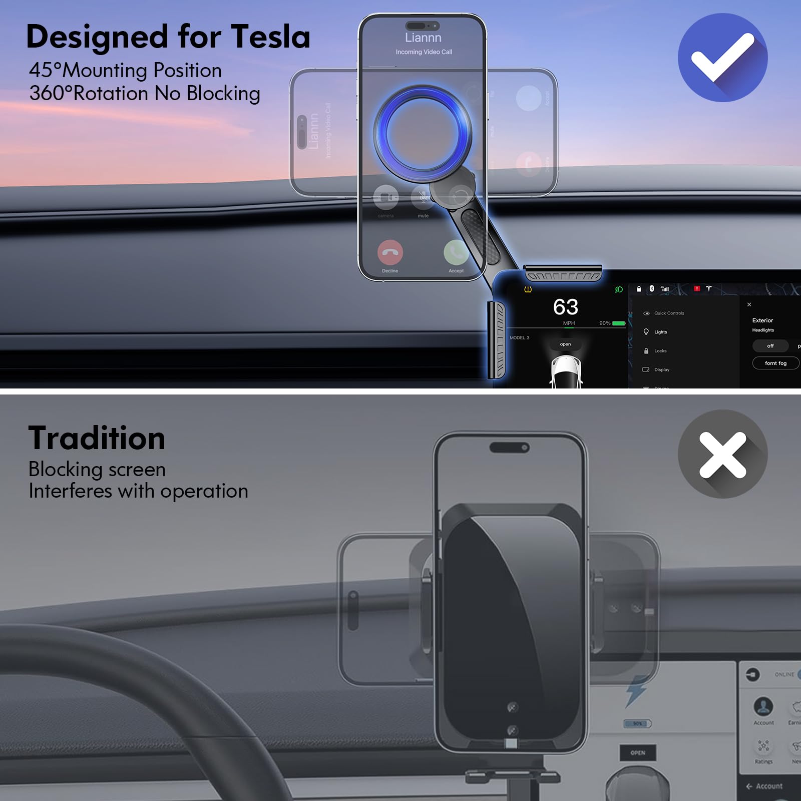 Tesla Phone Mount - MagSafe Car Mount with Strongest Magnet Power, Magnetic Phone Holder for Tesla Model 3/Y/S/X Accessories, Universal Fit for All Phones - Perfect for Safe Driving & Hands-Free Navigation