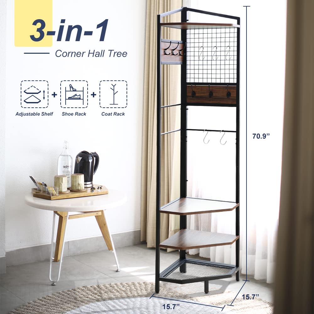 Corner Hall Tree with Coat Rack, Shoe Storage & Shelf - Freestanding Entryway Organizer for Home & Office (Brown) | Perfect for Small Spaces, Apartments & Mudrooms