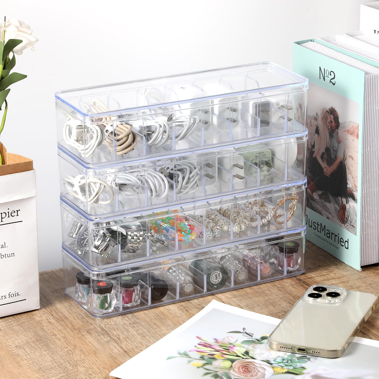 4-Pack Large Clear Plastic Cable Organizer Box with Lid & 20 Wire Ties - Cord Storage Solution for Electronics, Chargers, Home Office & Desk Organization - Perfect for TV Wires, Computer Cables & Charging Stations