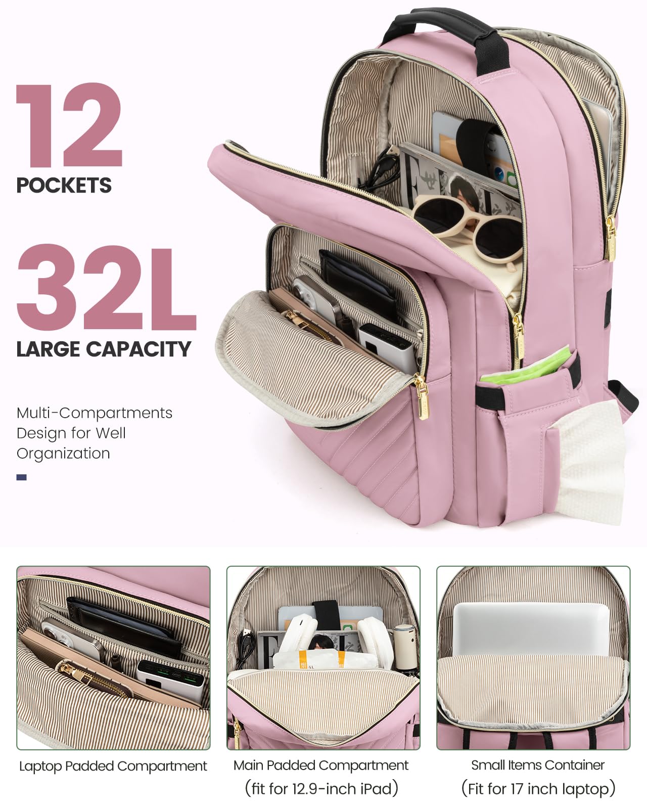 LOVEVOOK Light Pink Laptop Backpack for Women - Stylish 17-inch Travel Computer Bag, College School Backpack for Girls & Teens, Durable Outdoor Carry On Backpack Purse for Work, Study, and Daily Commute