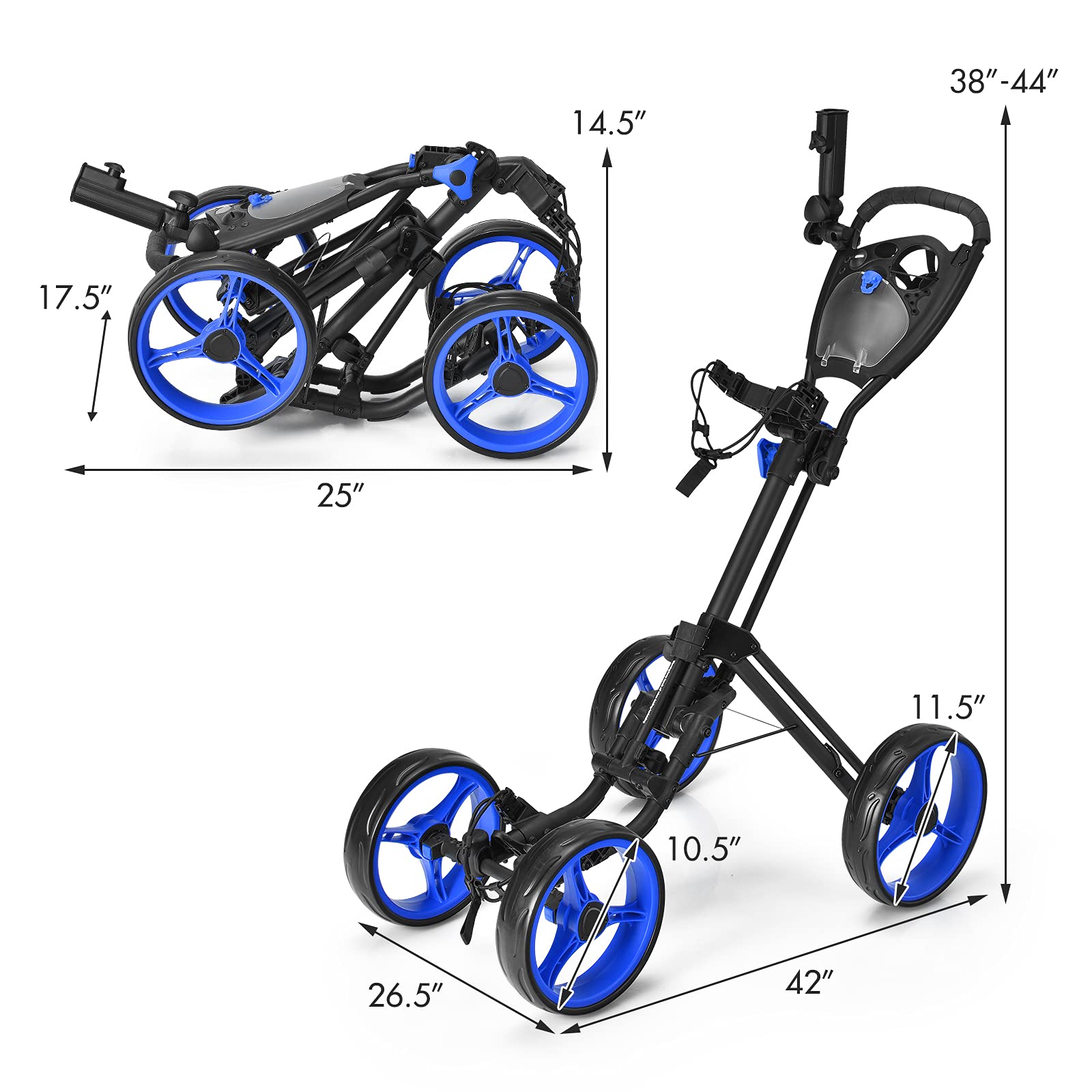 GYMAX 4 Wheel Folding Golf Push Cart - Adjustable Height, Lightweight & Portable Golf Trolley with Umbrella Holder, Cup Holder & Foot Brake - Perfect for Adults & Teenagers on the Golf Course, Driving Range or Practice Sessions