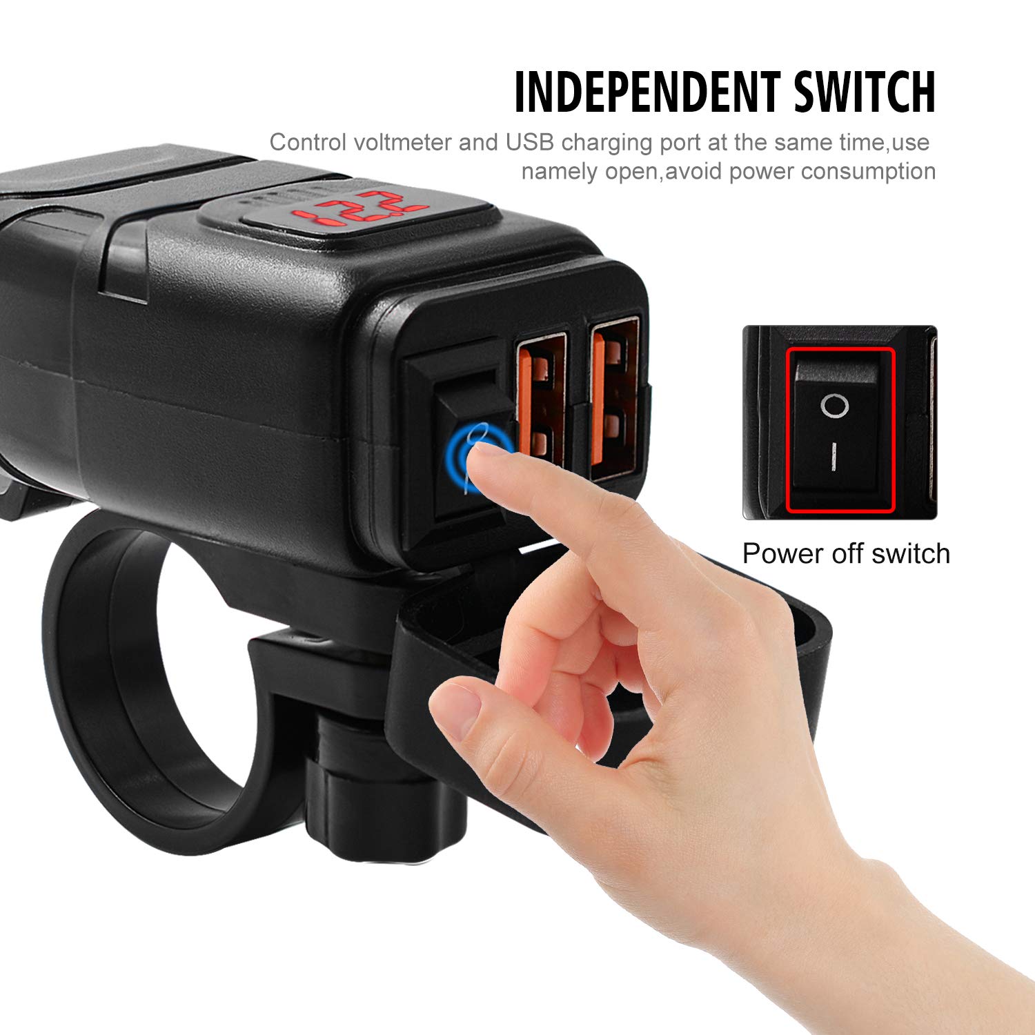 TURN RAISE Motorcycle Phone Charger - Dual USB QC 3.0 Fast Charger with Voltmeter & ON/OFF Switch - Waterproof 12V Charger for Phone, Tablet, Car - Perfect for Motorcycle Rides, Road Trips & Outdoor Adventures (QK010R)
