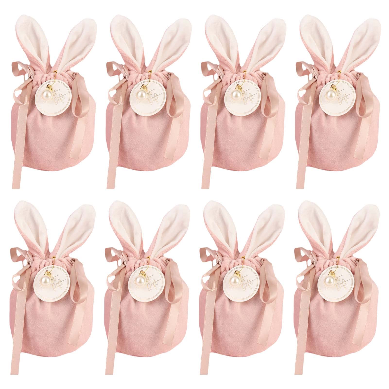 WOPODI 8-Piece Velvet Bunny Ears Drawstring Bags - Easter Bunny Gift Bags for Candy, Chocolate, Jewelry & Cosmetics | Cute Rabbit Ear Party Favor Pouches (Pink) - Perfect for Easter Celebrations, Birthday Parties & Gift Wrapping