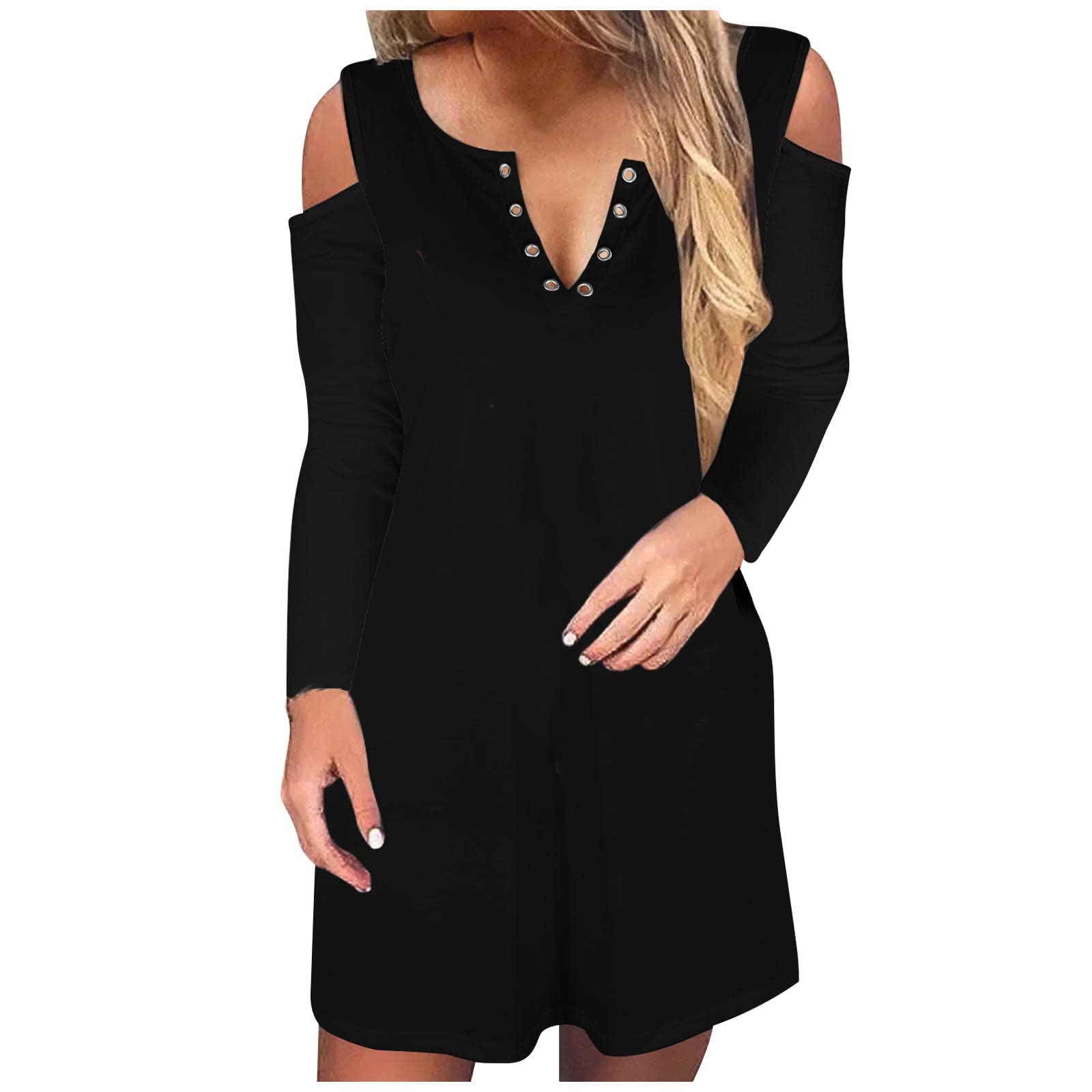 Kanzd Women's Long Sleeve Cold Shoulder Mini Dress - Sexy V Neck Button Down T-Shirt Dress in Solid Colors | Perfect for Date Night, Party & Casual Outfits