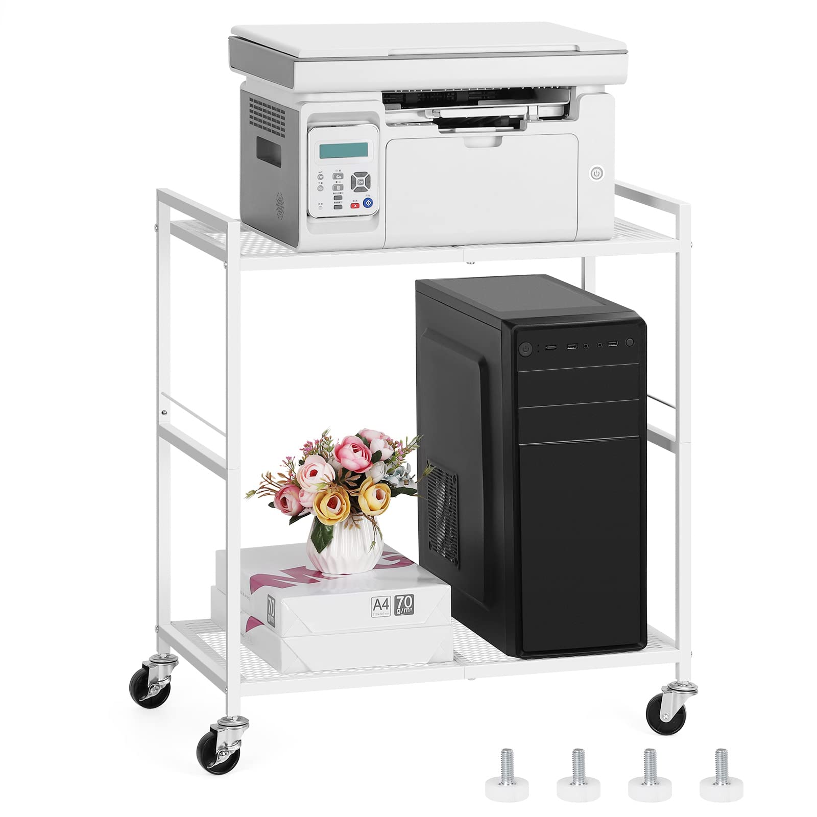 Metal Rolling Computer Tower Stand with 2-Tier Storage - Heavy Duty PC Stand Holds 40lbs, Under Desk Mobile Printer Cart for Home & Office Workspace (White) - Perfect for Compact Desks & Clutter-Free Workspaces