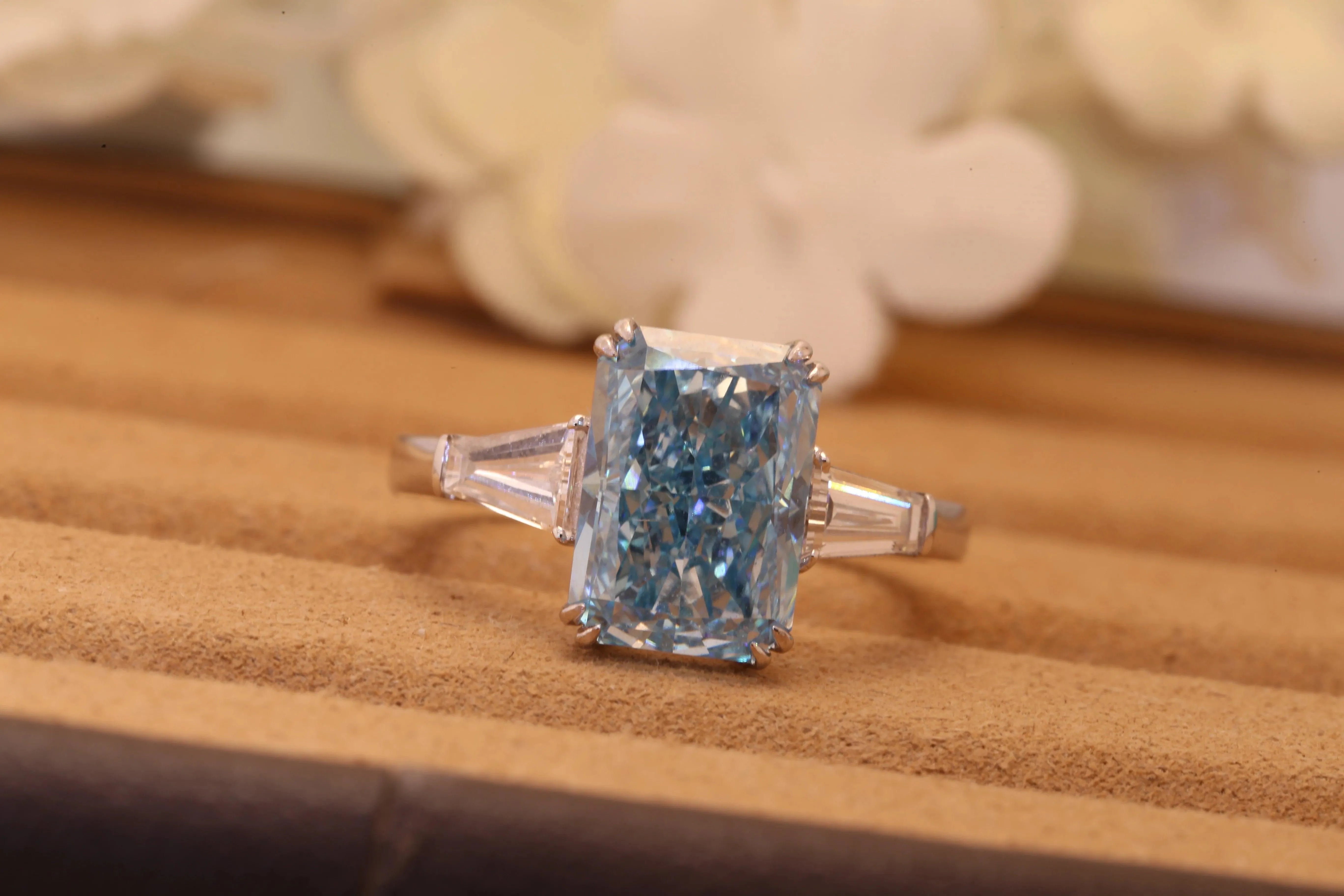 IGI Certified 3.42CT Fancy Intense Greenish Blue CVD Lab Grown Diamond Ring in 14k Gold for Women | Radiant Cut Engagement & Wedding Jewelry