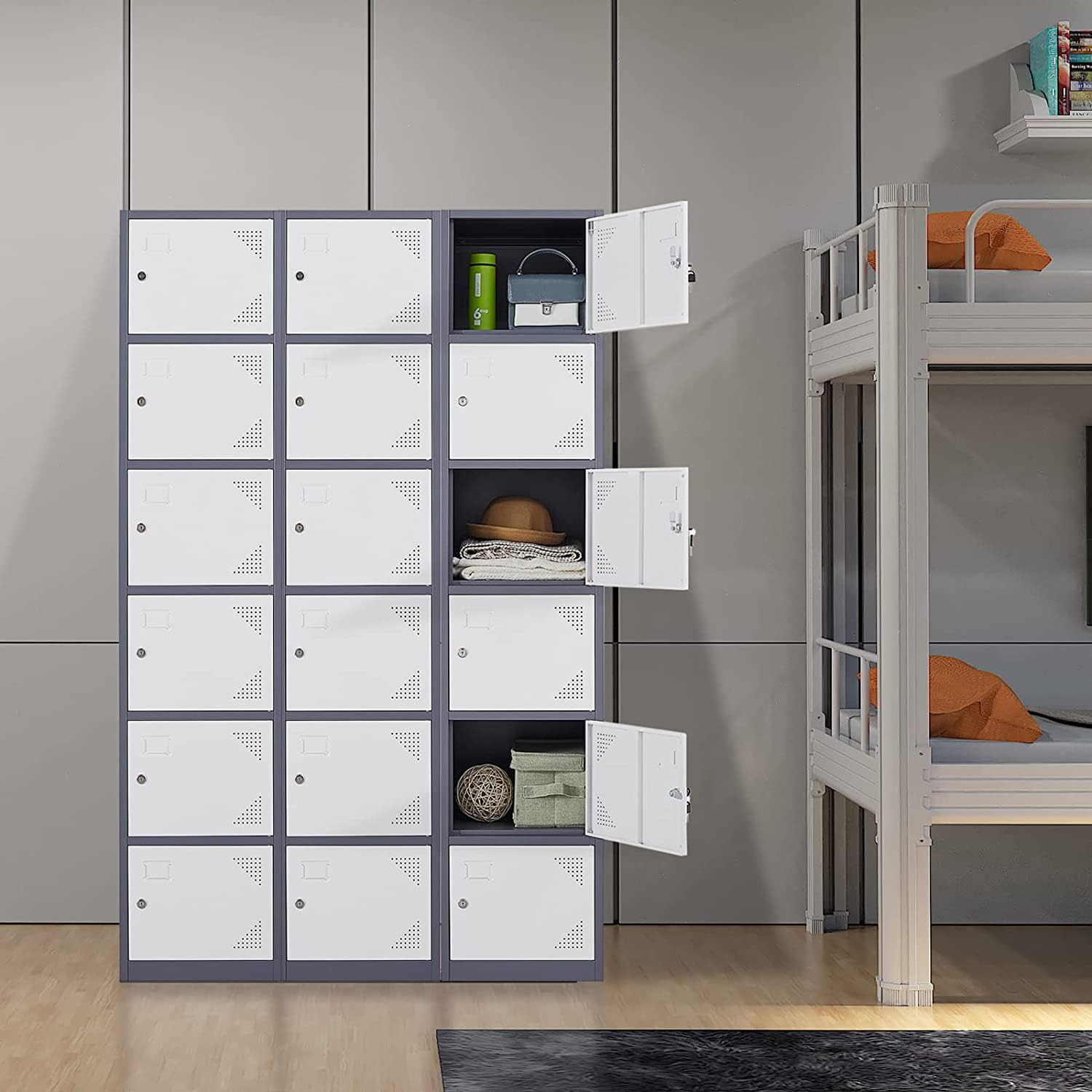 Lockable Metal Storage Lockers with Keys - 6 Door Steel Cabinet for Office, Gym, School & Home (Grey-White) - Secure Employee & Personal Belongings Storage Solution