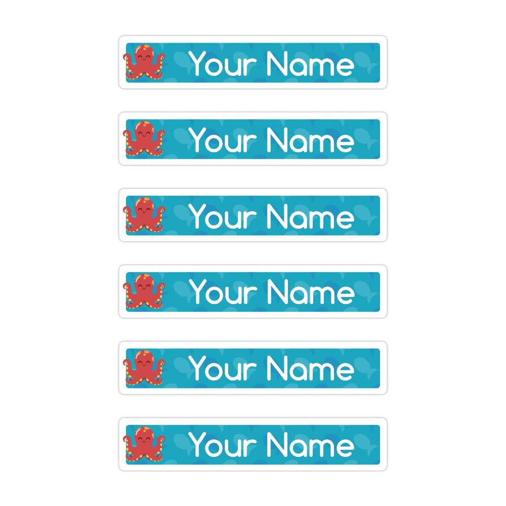 Waterproof Personalized Name Labels - 80 Skinny Peel & Stick Labels with Octopus Design for Kids School Supplies, Lunch Boxes & Water Bottles