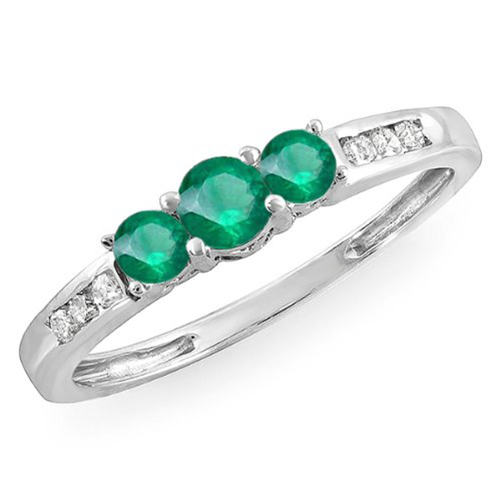 Dazzlingrock Collection 14K Solid White Gold Round Emerald & White Diamond Women's 3 Stone Engagement Ring | Bridal Jewelry for Wedding, Proposal & Anniversary Gifts