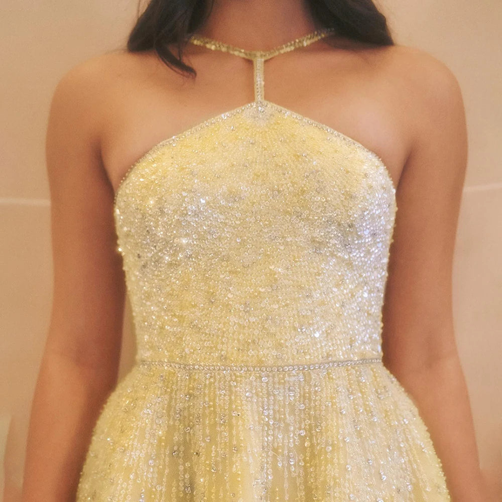 Sparkly Luxury Beaded Yellow Halter Evening Dress Gloves - Elegant Formal Wear for Prom, Wedding & Special Occasions