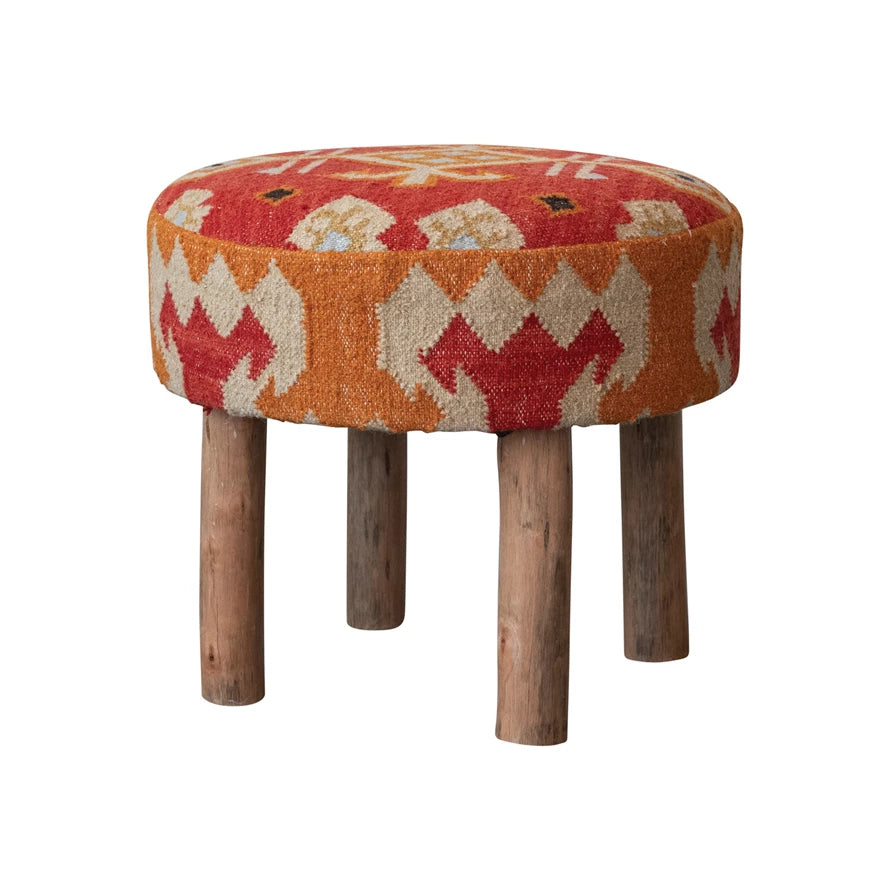 Handmade Cotton & Wool Kilim Upholstered Stool - Bohemian Ottoman Footrest, Decorative Accent Piece for Living Room, Bedroom & Home Office