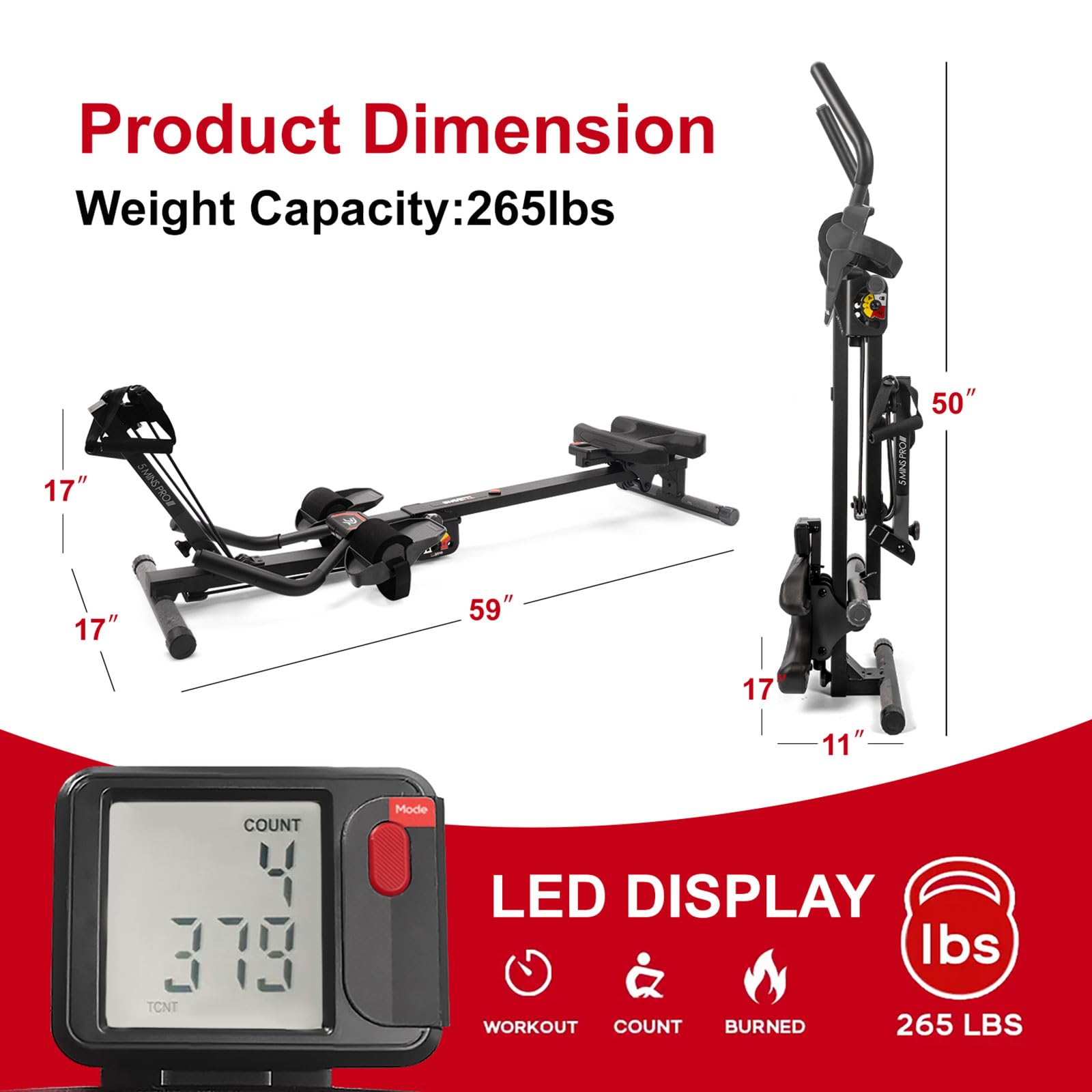 TOUSAINS 3-in-1 Foldable Rowing Machine with Resistance Bands - Full Body Workout Equipment for Home Gym, Ab Trainer & Cardio Exercise - Perfect for Small Spaces & Indoor Fitness (Black)