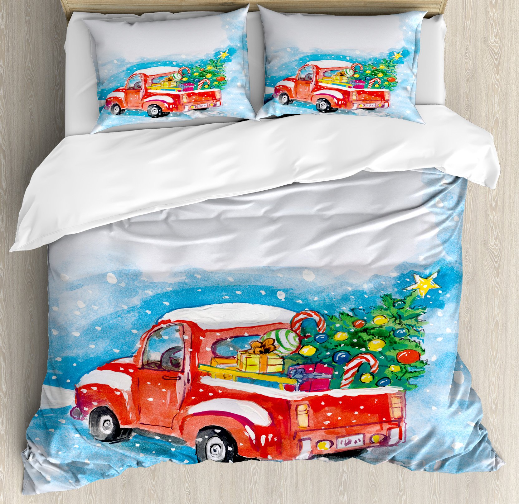 Ambesonne Christmas Duvet Cover Set - Vintage Truck in Snowy Winter Scene with Tree & Gifts Candy Cane Print | 3-Piece Bedding Set (Queen Size, Blue White Red) | Perfect for Holiday Home Decor & Cozy Winter Bedrooms