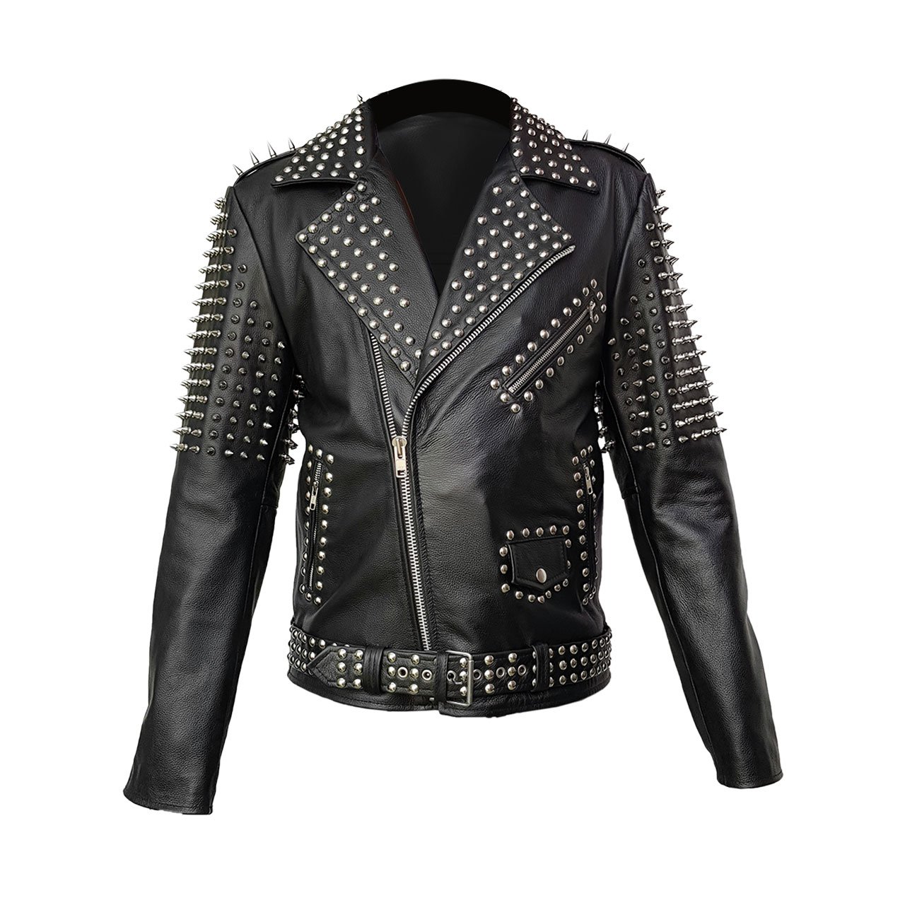 Men's Black Leather Punk Jacket with Spikes for Motorcycle & Streetwear