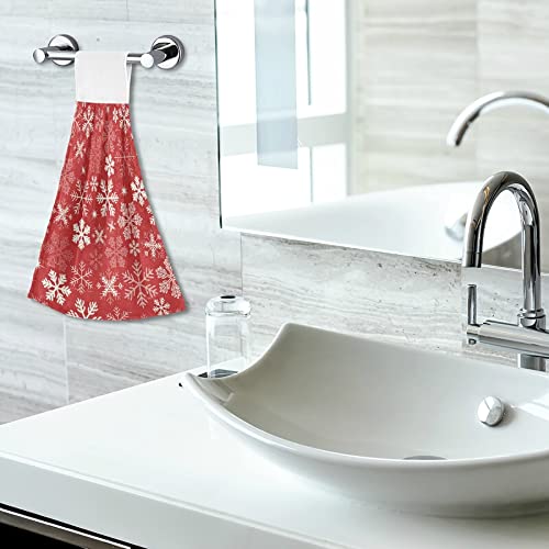 Christmas Snowflake Red Kitchen Hand Towels - Set of 2 Super Soft Absorbent Dishcloths with Hanging Ties | Holiday Home Decor for Kitchen, Bathroom & Christmas Toilet Decorations