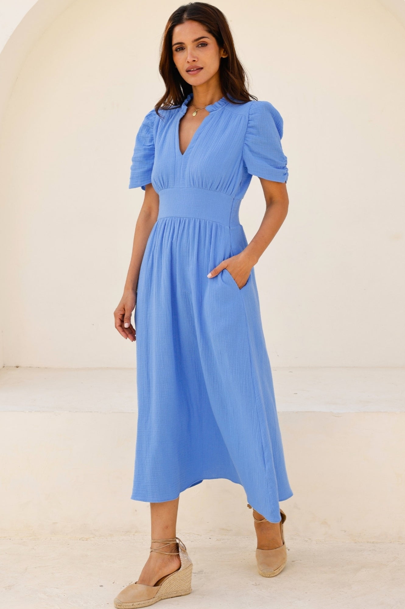 Esha Cheesecloth Dress in Cornflower Blue - Lightweight Boho Maxi Dress for Beach, Summer, and Casual Outings