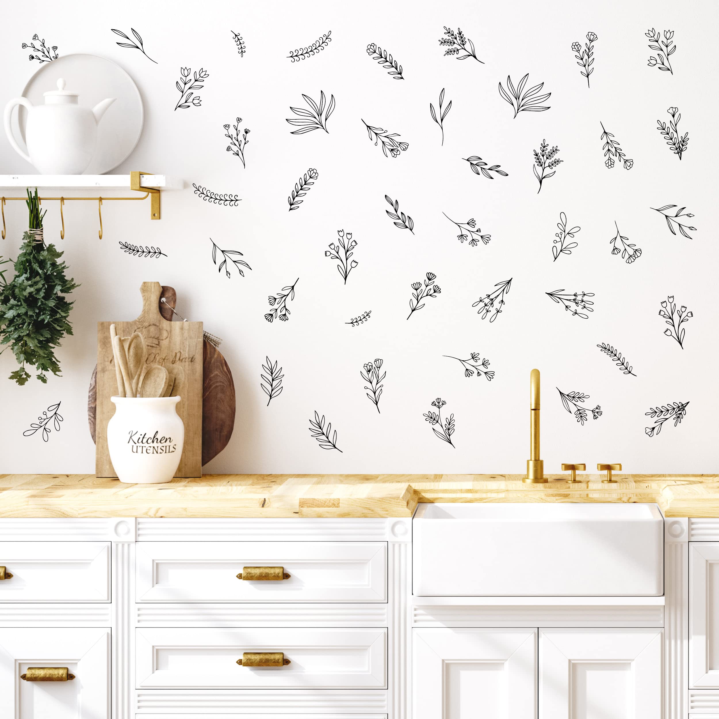 Small Black Flowers Peel and Stick Wall Decals - Set of 88 Floral Wall Stickers (1