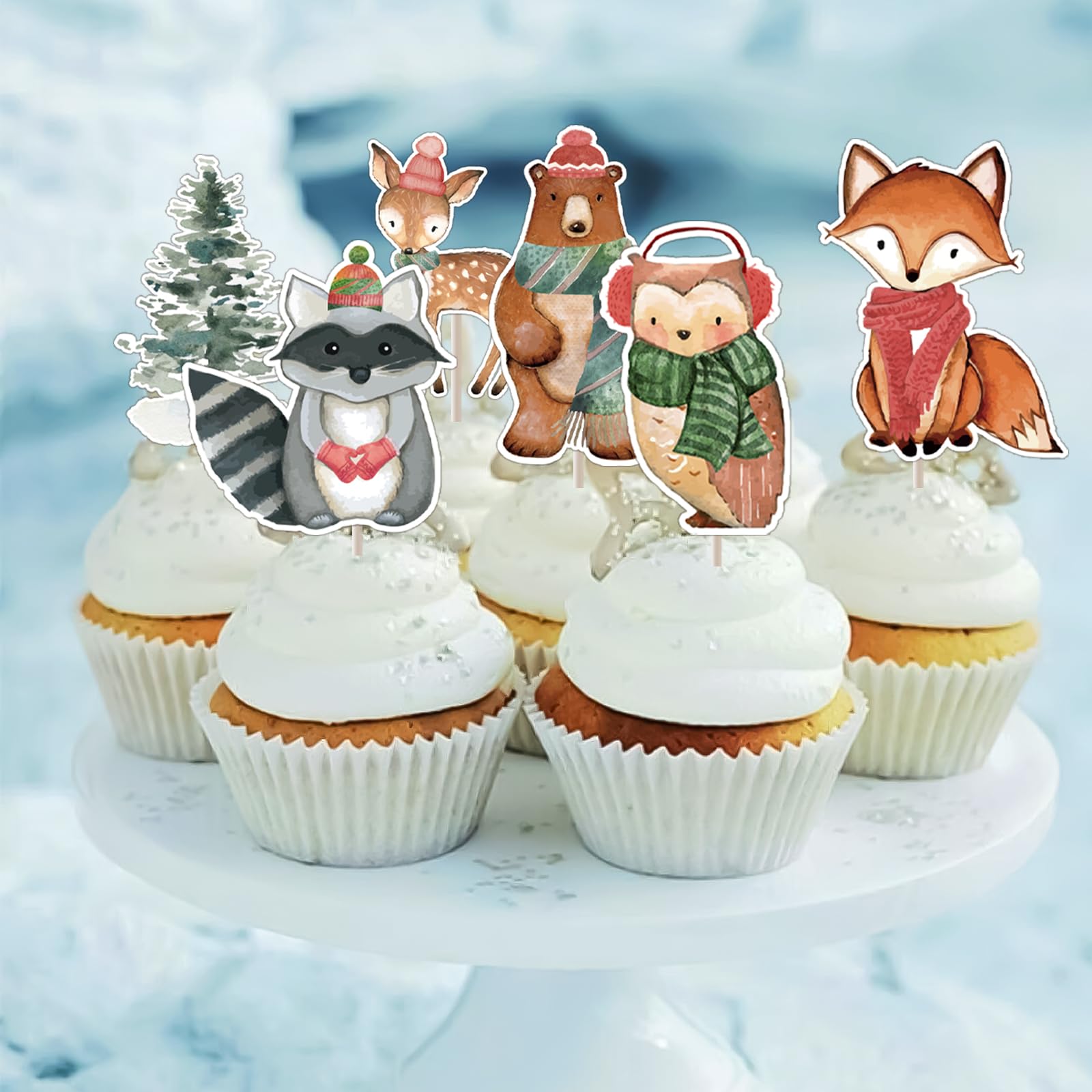 36PCS Winter Woodland Birthday Party Decorations - Baby Shower Cupcake Toppers, Woodland Creatures Theme Party Supplies for Christmas, Baby Shower, Winter Wonderland Theme Party Decor