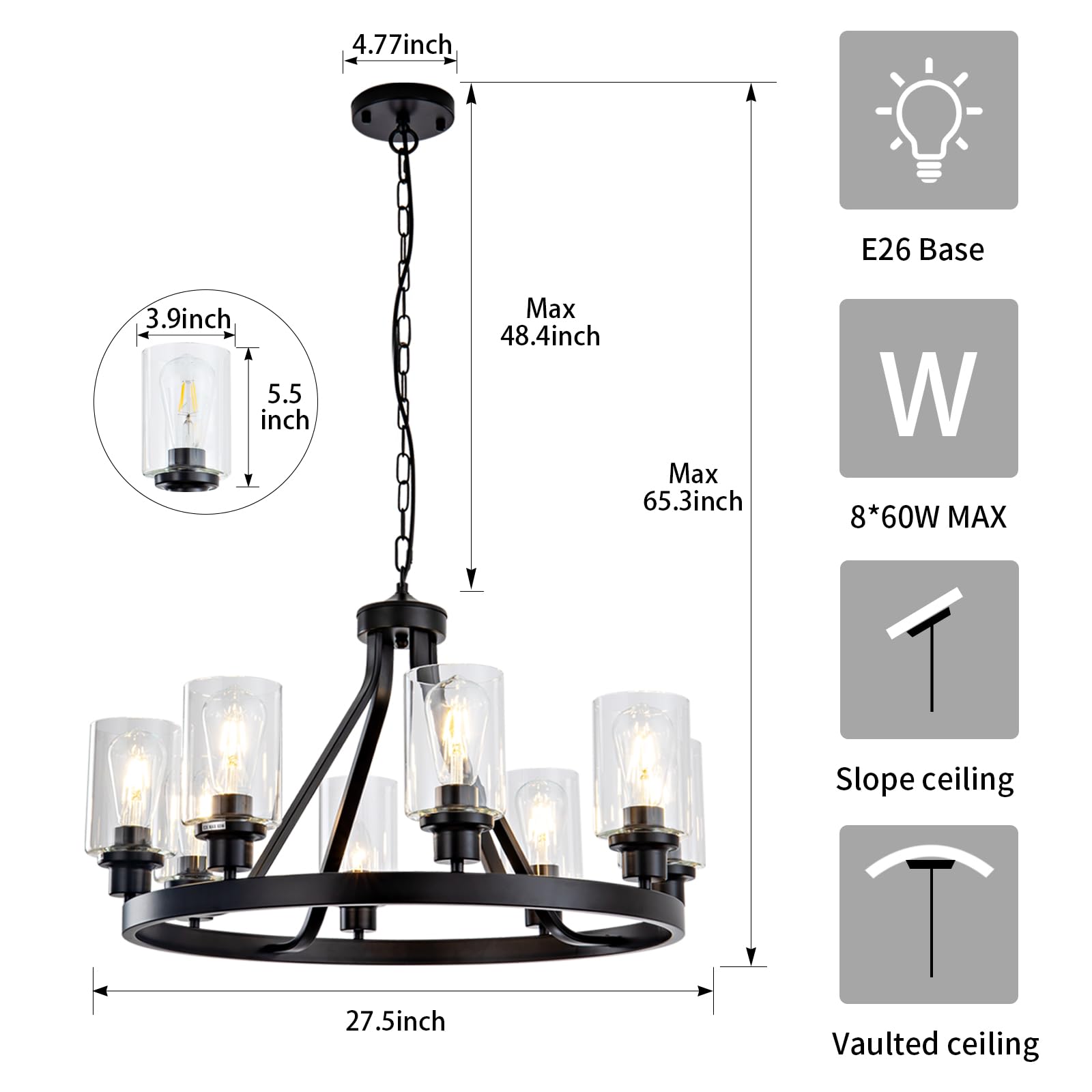 8-Light Black Farmhouse Wagon Wheel Chandelier - Adjustable Height Modern Industrial Rustic Dining Room Light Fixture - Perfect for Kitchen Island, Dining Table, and Living Room Pendant Lighting (E26 Base)
