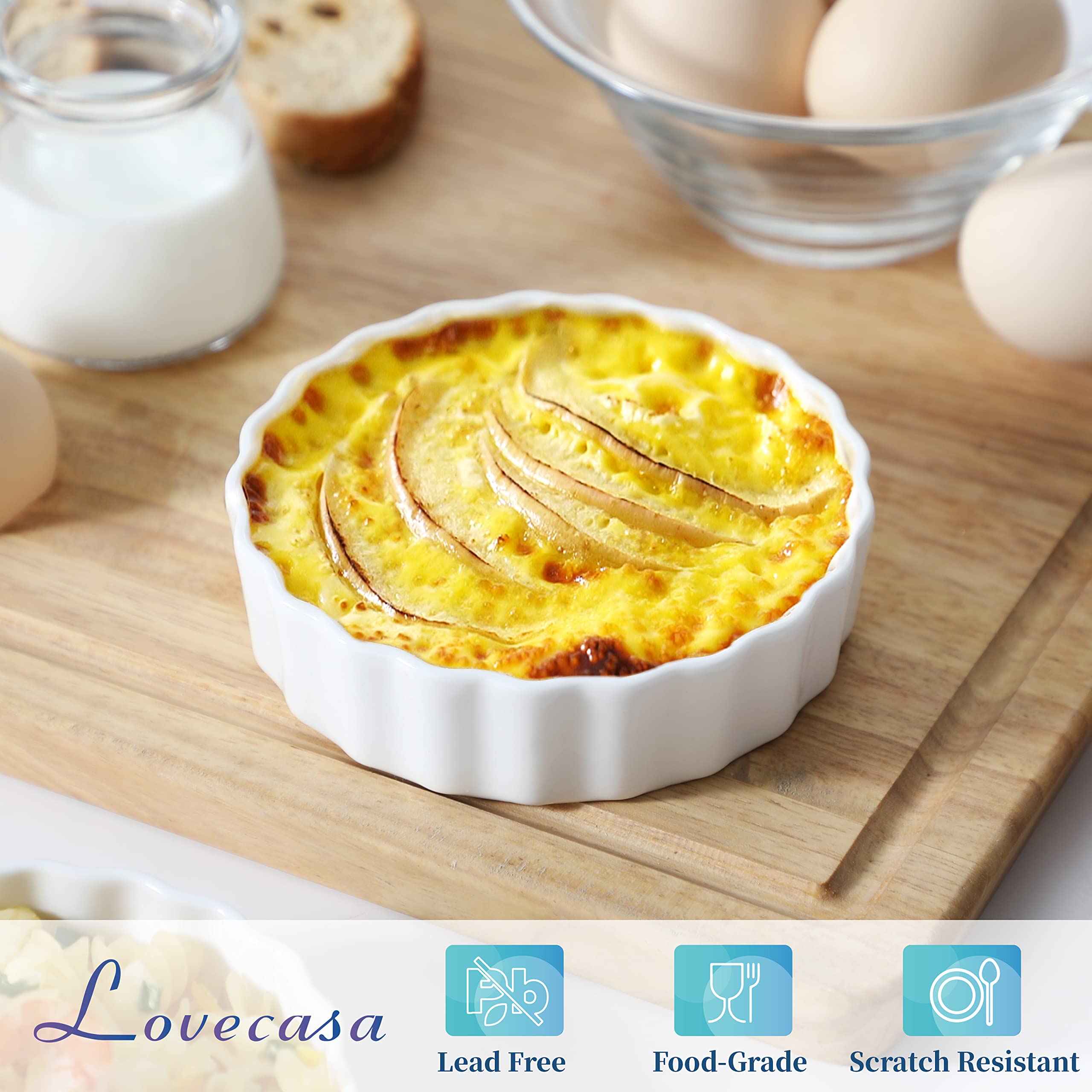 LOVECASA 8 Oz Porcelain Ramekins Set of 6 - Oven Safe Baking Dishes for Creme Brulee, Soufflés, Custards & Quiche | Chip-Resistant, Stackable White Ceramic Bowls | Perfect for Desserts, Appetizers & Meal Prep