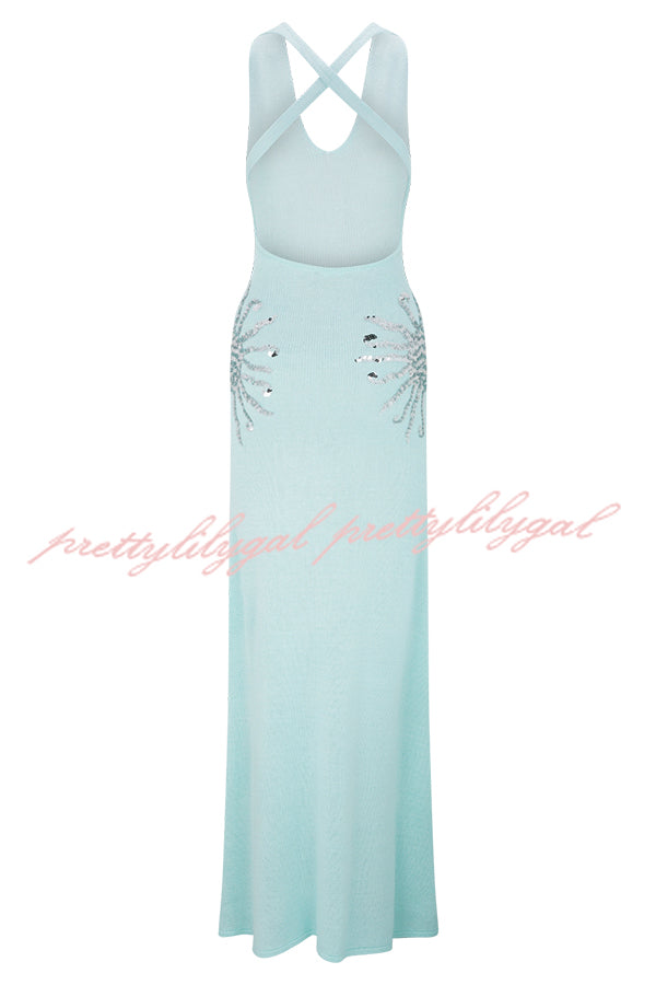 Sparkling Nights Knit Sunburst Sequin Maxi Dress with Cross Back Straps - Elegant Stretchy Party Gown for Evening Events, Prom, Wedding & Special Occasions