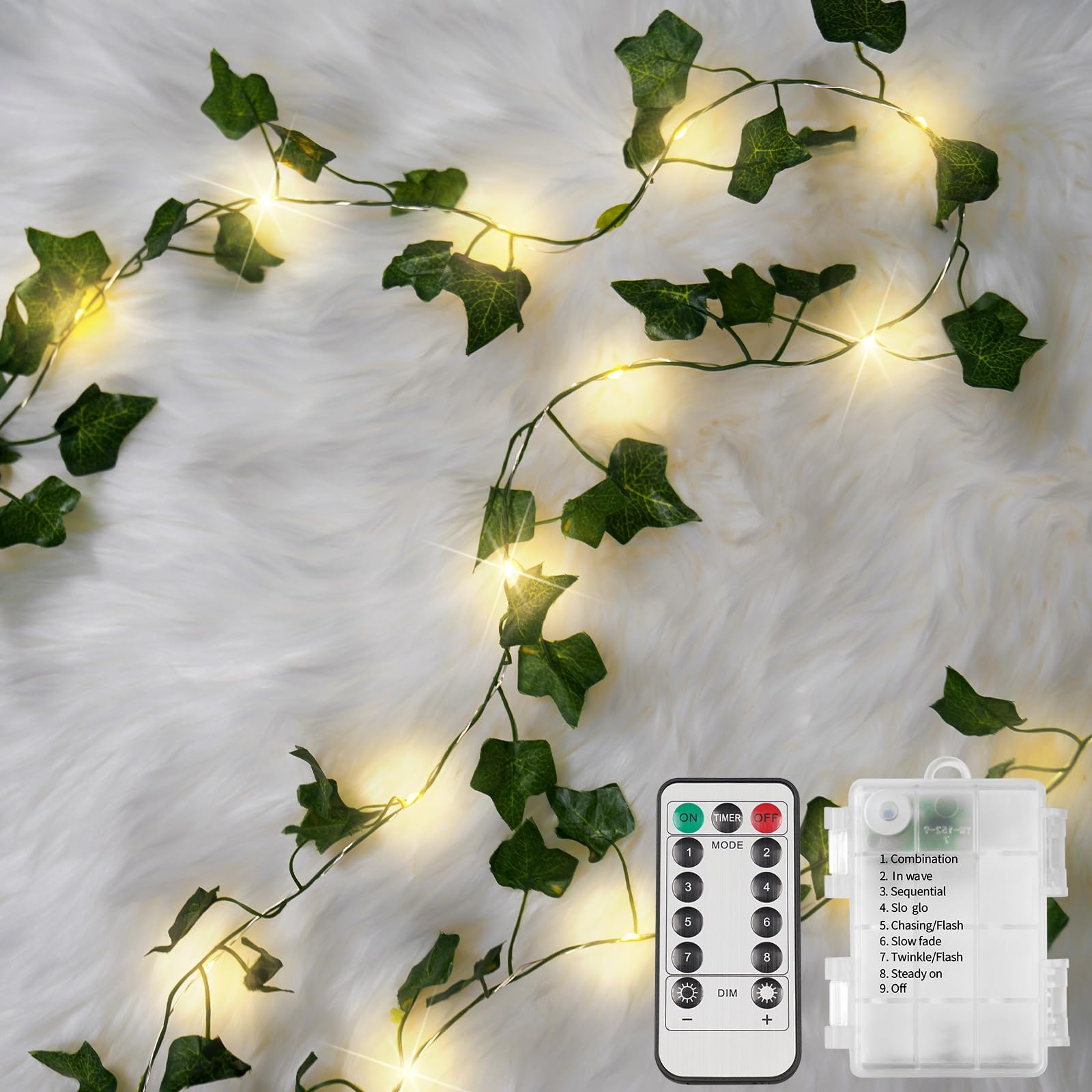 33ft 100 LED Battery Operated Ivy Vine String Lights with Remote - Warm White Fairy Lights for Bedroom, Wall, Garden, Wedding & Party Decor | Perfect for Indoor/Outdoor Romantic Ambiance, Holiday Lighting and Special Events