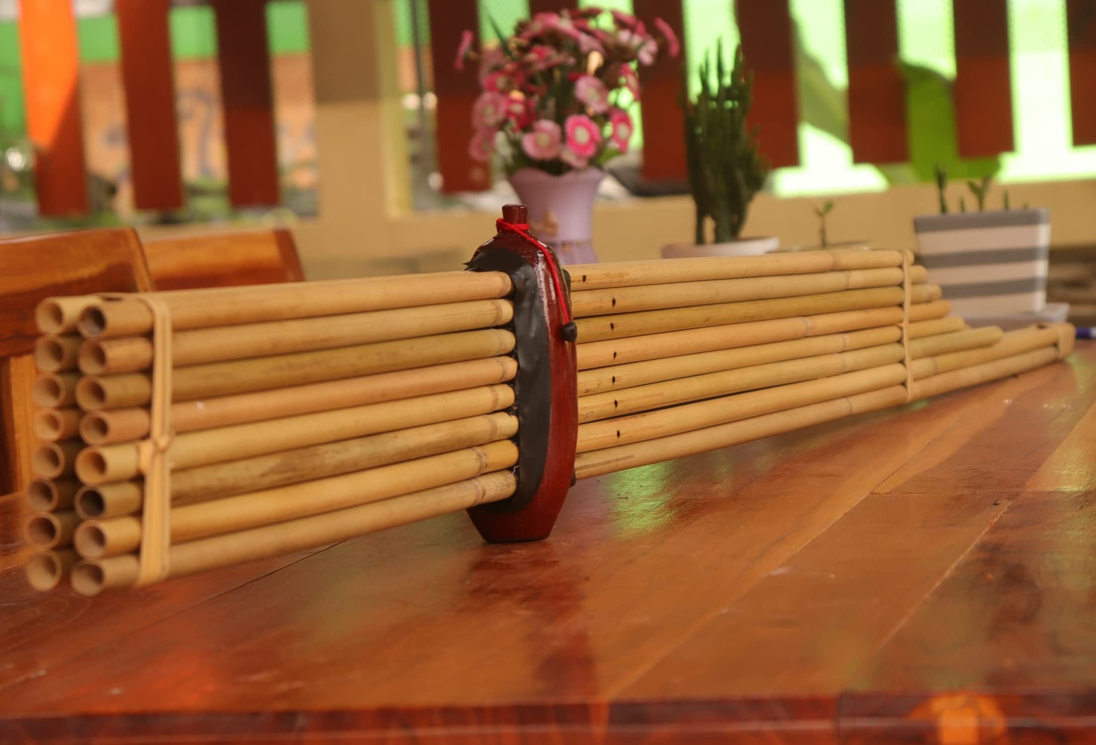 Thai Khaen Bamboo Silver Reed Mouth Organ - Traditional Isan Musical Instrument | 8-Key Dm Tuned Folk Flute Harmonica (57