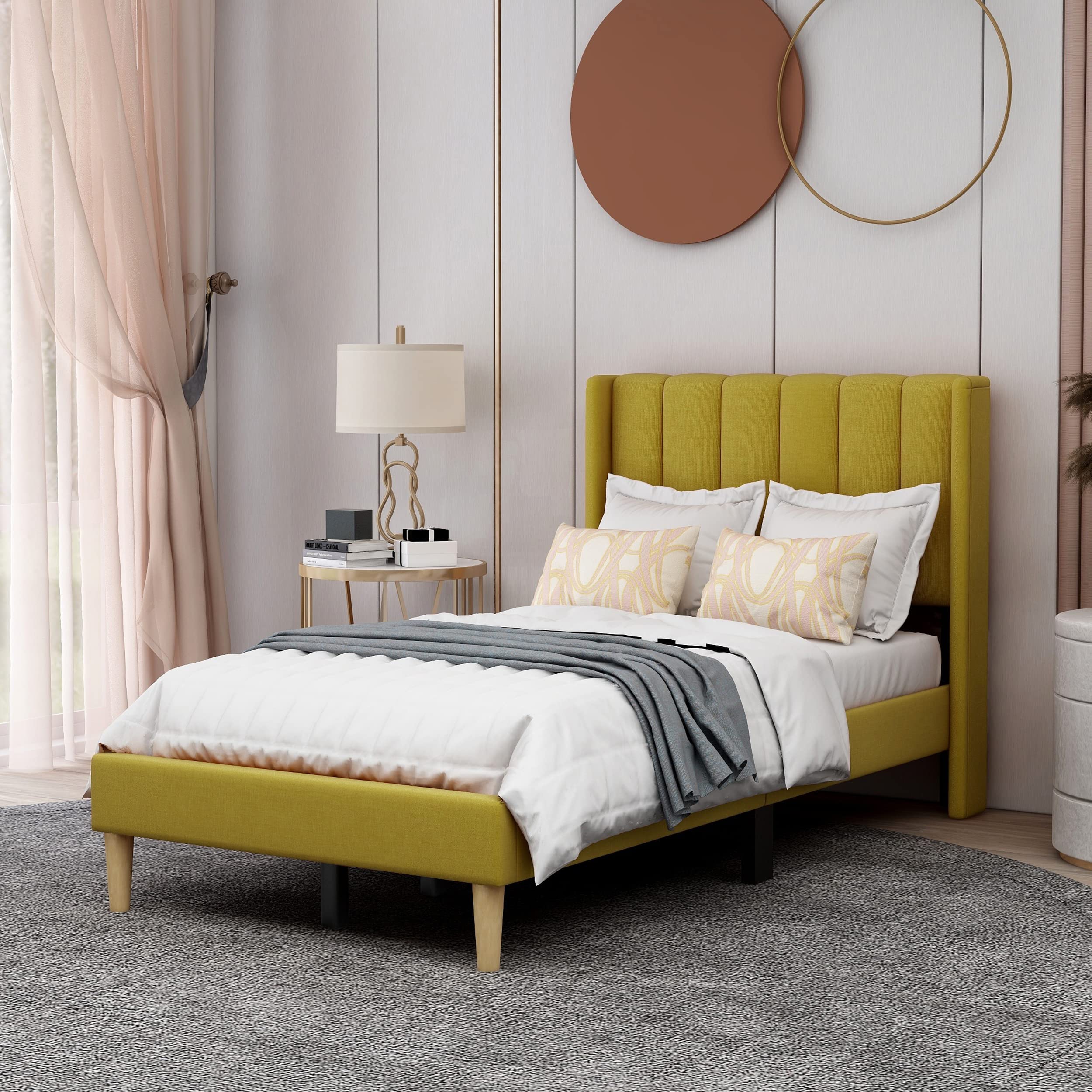 AGARTT Twin Size Upholstered Platform Bed Frame with Headboard - Wooden Slats Support, No Box Spring Needed, Easy Assembly - Yellow - Perfect for Small Bedrooms, Guest Rooms & Kids Rooms