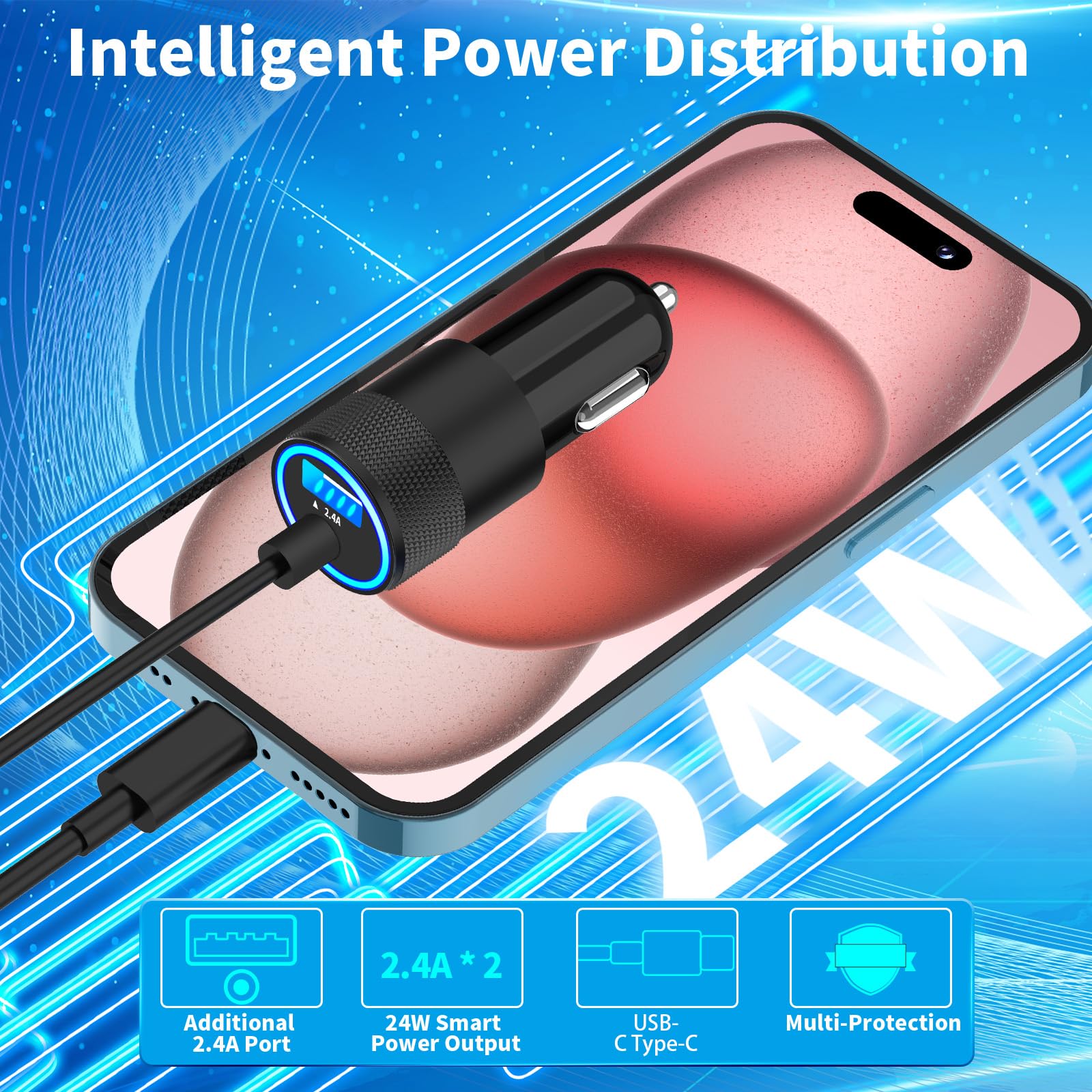 Apple MFi Certified Fast Car Charger for iPhone 15 - 4.8A Dual USB-C & USB-A Car Power Adapter with 6FT Coiled Type-C Cable - Compatible with iPhone 15 Pro/15 Pro Max/Galaxy S24/S23/Pixel - Perfect for Road Trips & Daily Commuting