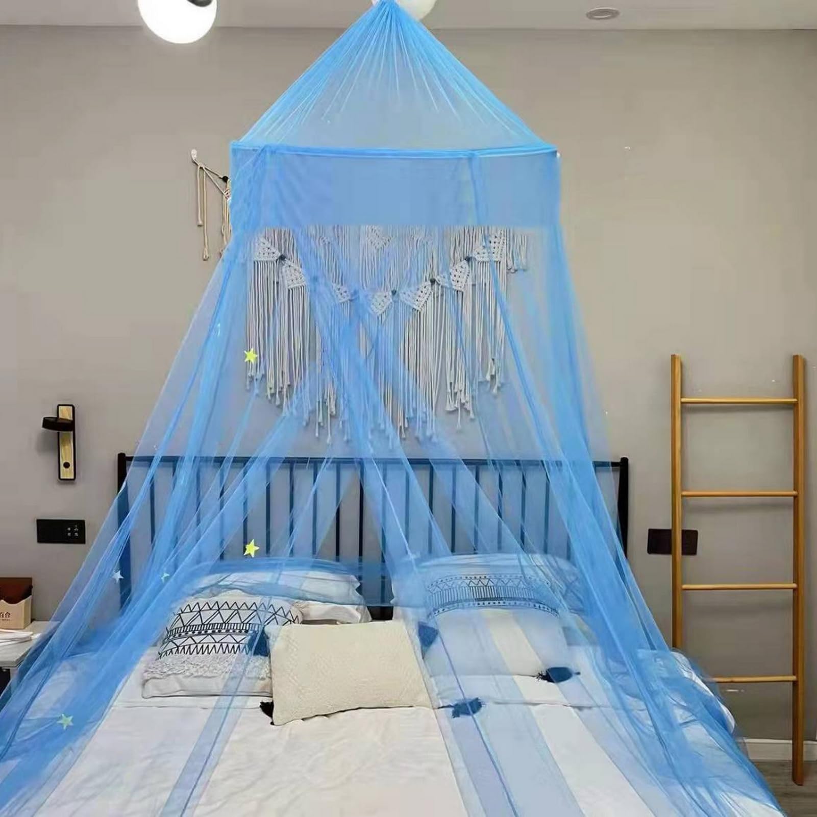 Princess Bed Canopy with Fluorescent Stars - Round Dome Bed Curtain Net for Twin, Full, Queen & King Size Beds in Blue | Perfect for Girls' Bedroom Decor & Fantasy Sleep Space
