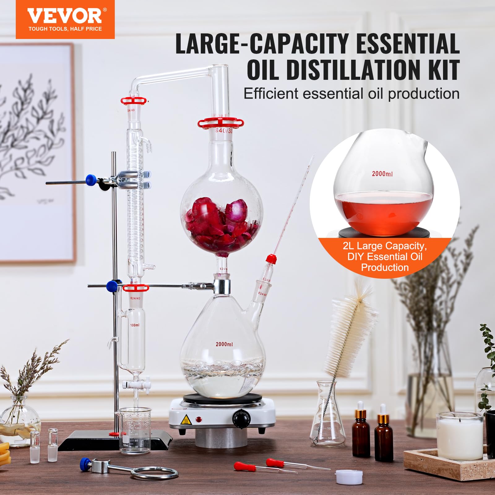VEVOR 2L Essential Oil Distiller Kit - Lab Glassware Distillation Apparatus with Hot Plate & Condenser (S35, 24/40 Joint) - Perfect for Aromatherapy, Hydrosol Production & Water Purification