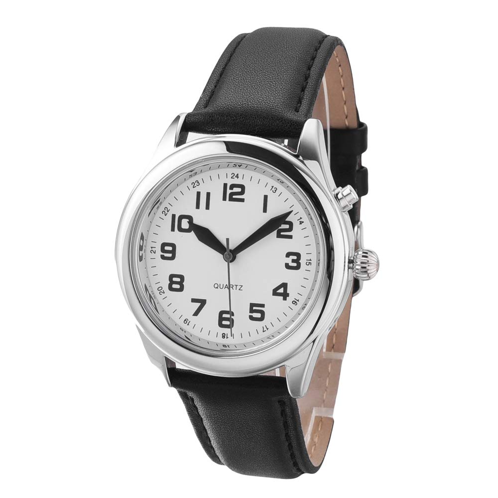 English Talking Watch for Seniors - Loud Alarm Clock with Day/Date for Visually Impaired (Black Leather Band) - Ideal for Elderly Care