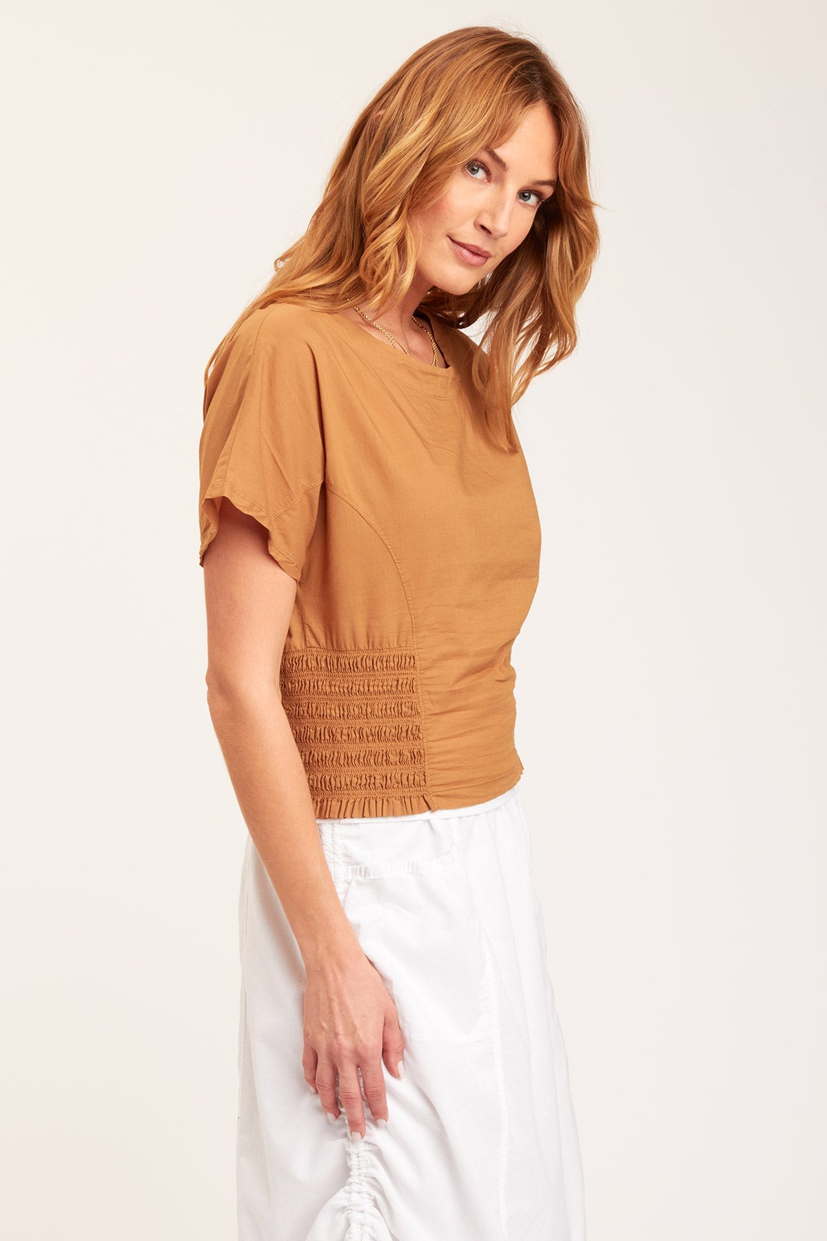 Vivi Top Terra Cotta Women's Fashion Blouse - Elegant Short Sleeve T-Shirt for Casual Wear, Work & Date Night | Soft Breathable Fabric | Trendy Earth Tone Style