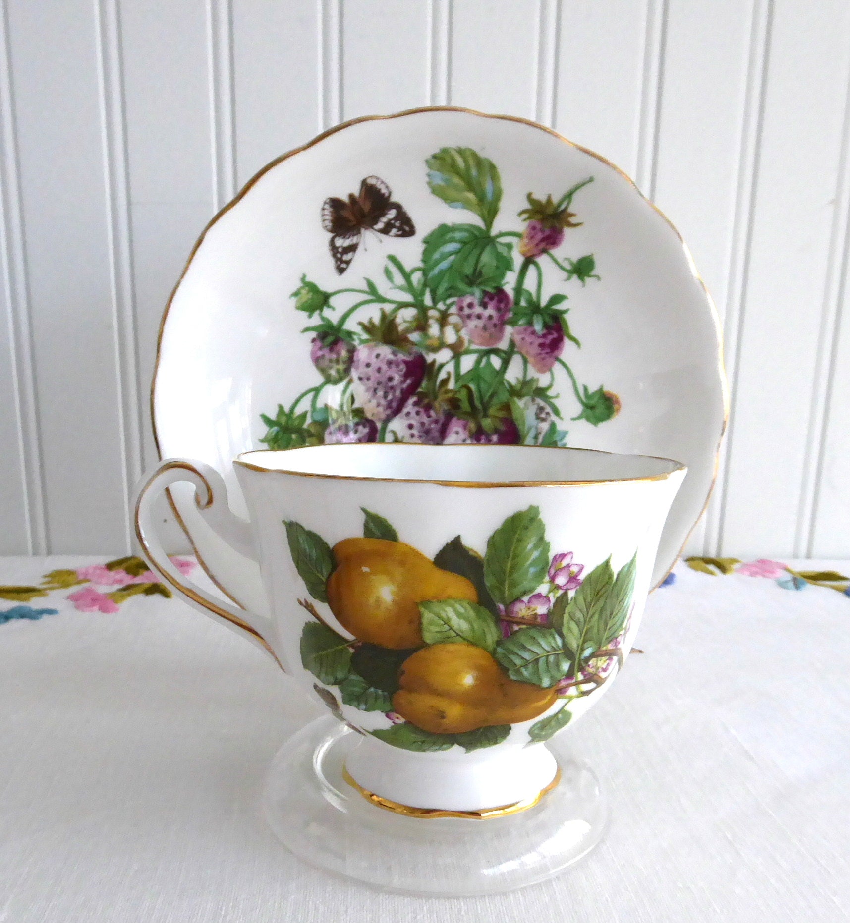 Vintage Royal Chelsea Fruit Cup and Saucer Set - England 1960s Floral Design with Pears, Strawberries & Butterflies - Perfect for Afternoon Tea, Collectible Fine China Display