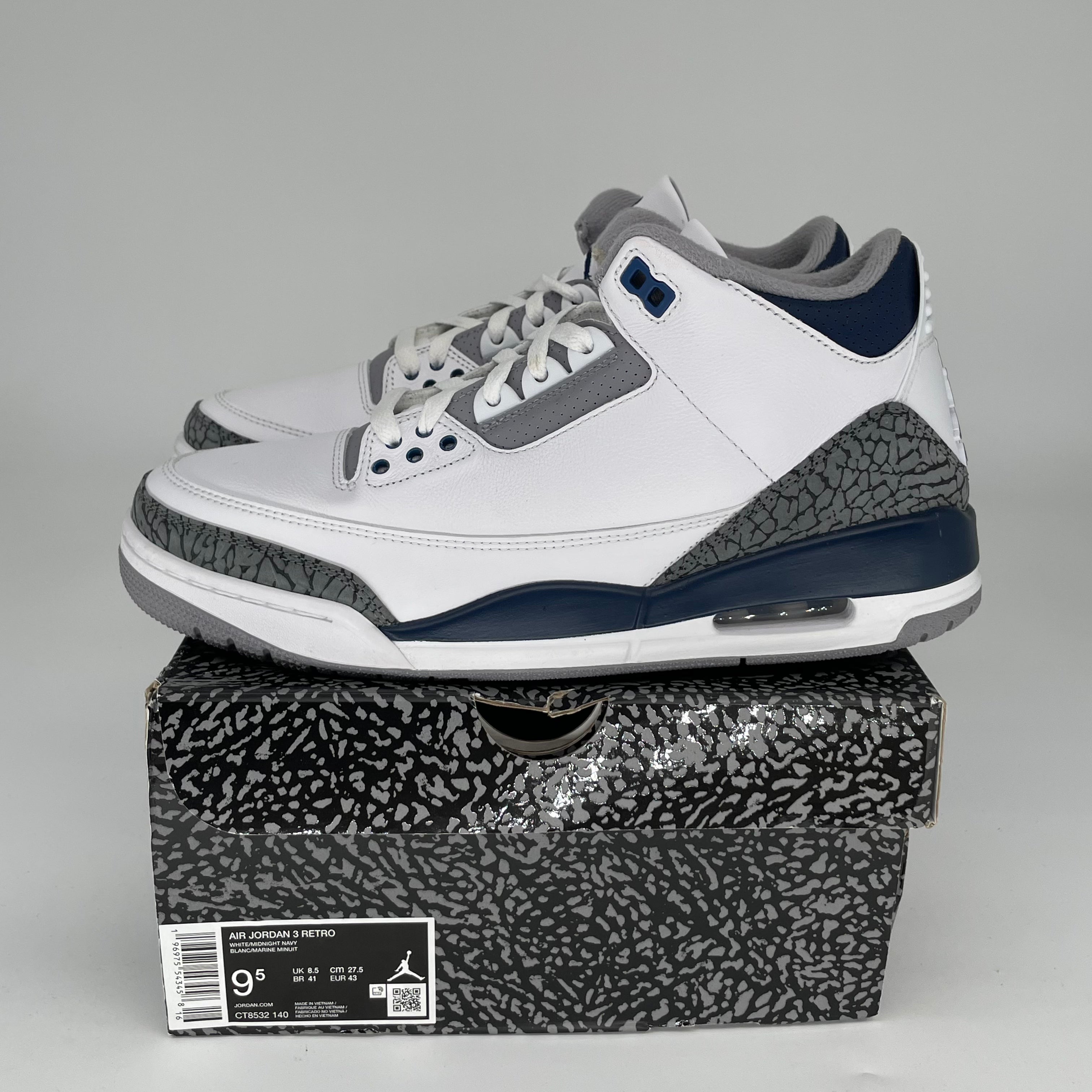 AIR JORDAN 3 MIDNIGHT NAVY Men's Basketball Shoes - Size 9.5 (CT8532-140) | Retro Sneakers for Casual Wear, Street Fashion & Sports Performance