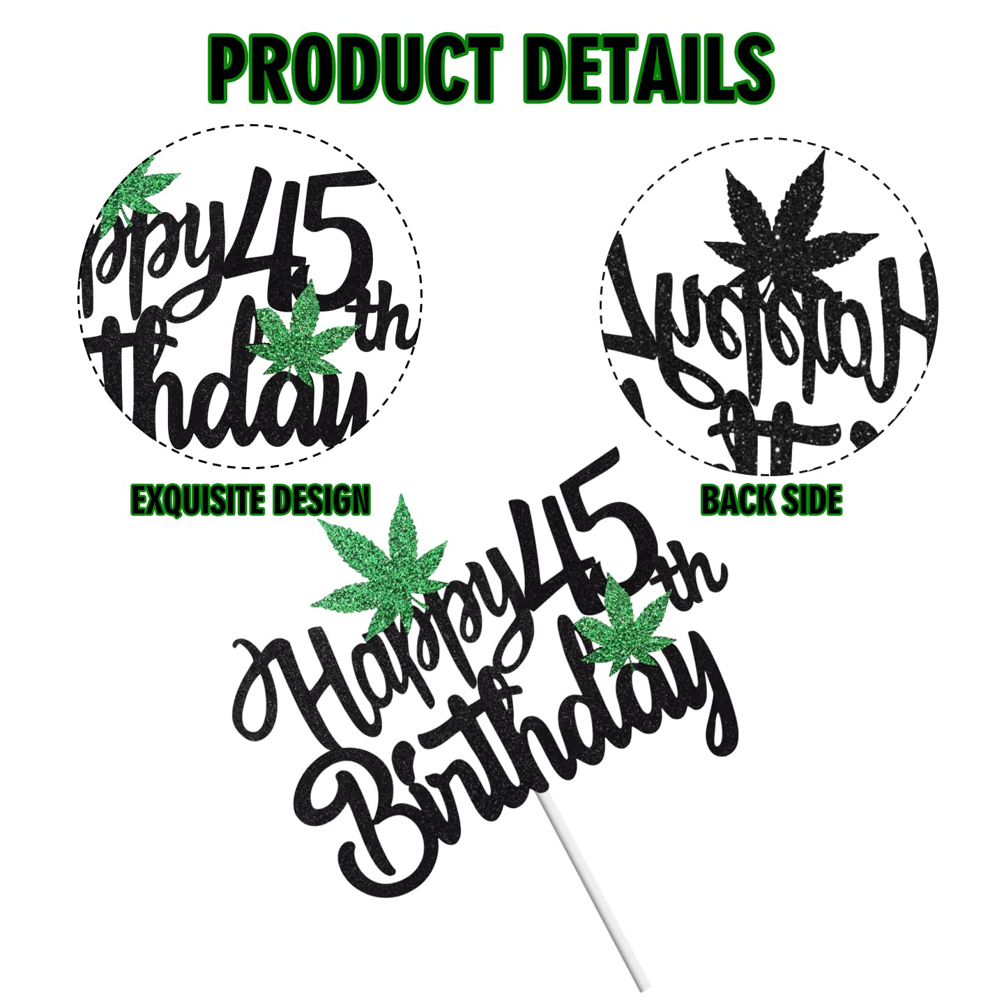 45th Birthday Cake Topper with Glitter Pot Leaf Design - Weed Leaf Marijuana Party Decoration for 420 Celebrations - Perfect for Stoner Birthday Parties & Cannabis-Themed Events