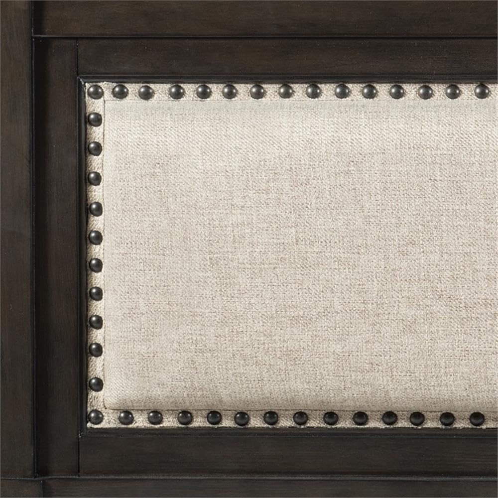 Lexicon Hebron Queen Size Bed Frame with Upholstered Headboard - Dark Cherry/Beige Fabric - Modern Bedroom Furniture for Master Bedroom or Guest Room