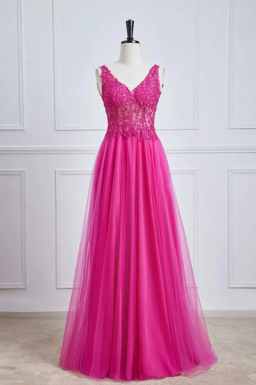 Fuchsia A-Line Long Prom Dress with Plunging V-Neck & Floral Design - Elegant Evening Gown for Homecoming, Formal Dances & Special Occasions