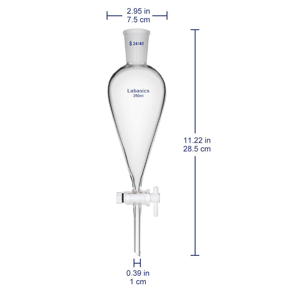 Labasics 250ml Borosilicate Glass Conical Separatory Funnel with PTFE Stopcock - 250mL for Chemistry Lab, Essential Oil Extraction & Liquid Separation
