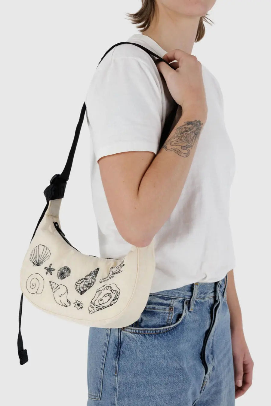 Elegant Small Crescent Bag with Embroidered Shells - Boho Chic Crossbody Purse for Women | Perfect for Beach Vacations, Music Festivals & Date Nights