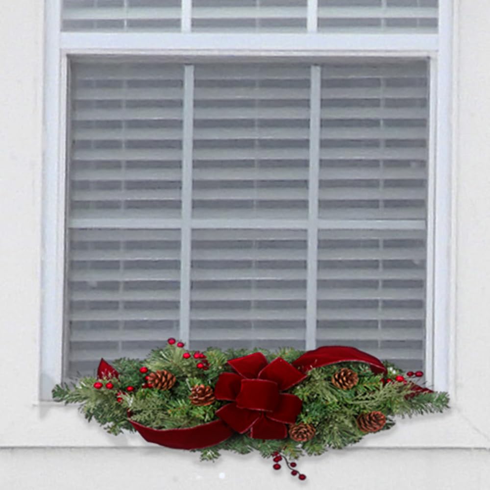 Haute Decor 28-Inch Wide Pre-Lit Holiday Window Swag with Energy-Efficient LED Lights - Battery Operated Timer & Auto On/Off - Perfect for Christmas Decor, Fireplace Mantel & Front Door Wreath